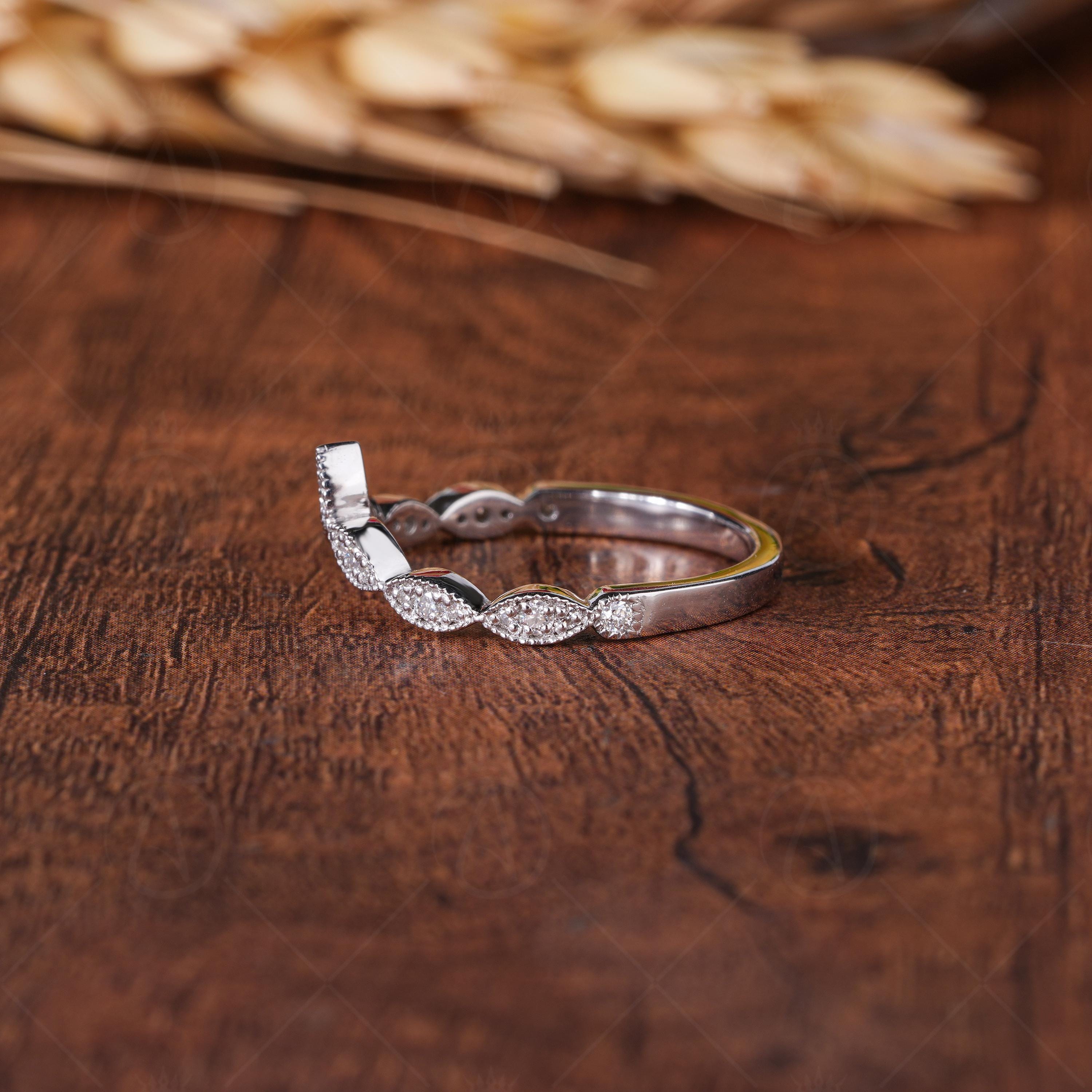 Milgrain Vintage Wedding Band, Moissanite Curved Stacking Band For Womens Ring, Art Deco Matching Band Ring, Bridal Stackable Rings