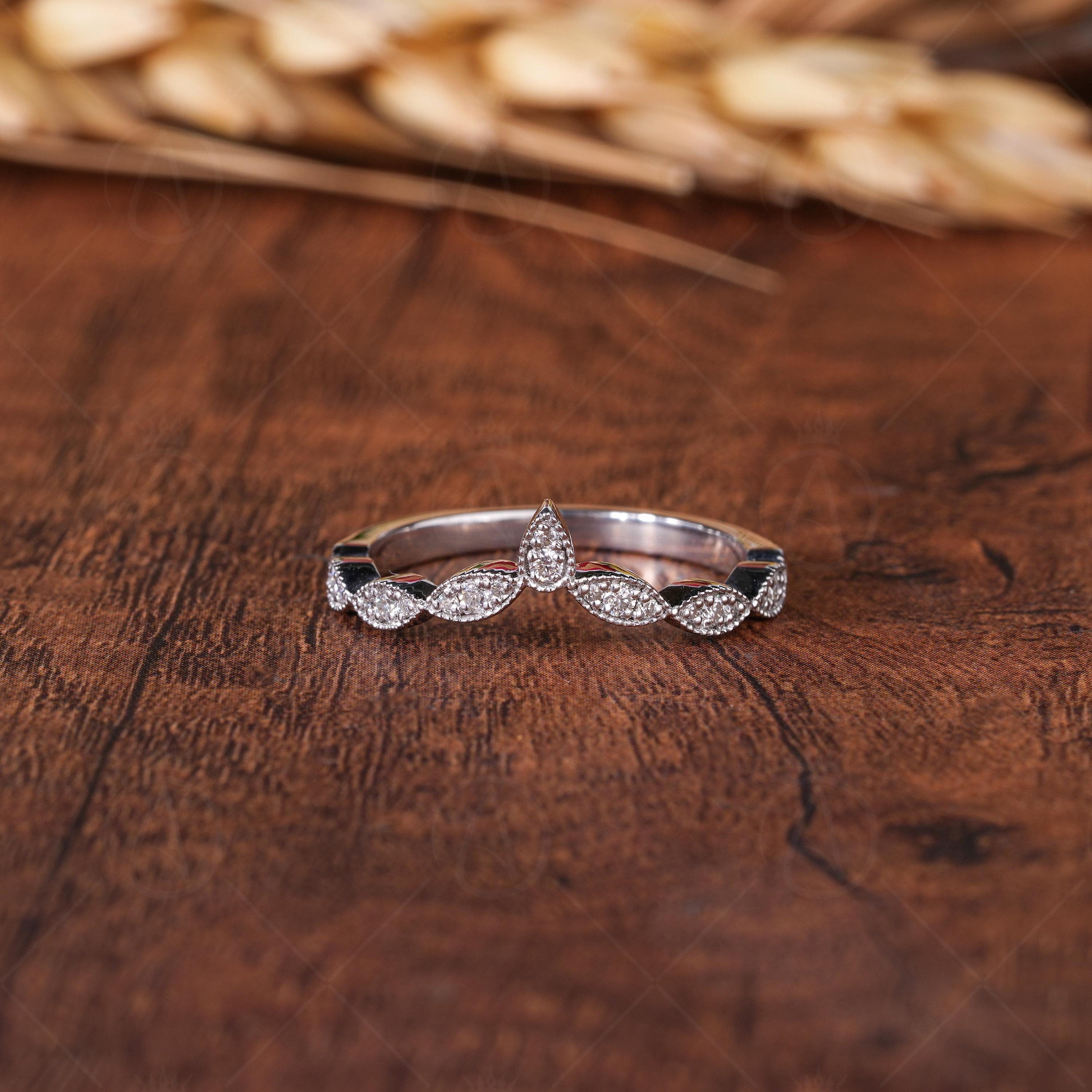 Milgrain Vintage Wedding Band, Moissanite Curved Stacking Band For Womens Ring, Art Deco Matching Band Ring, Bridal Stackable Rings