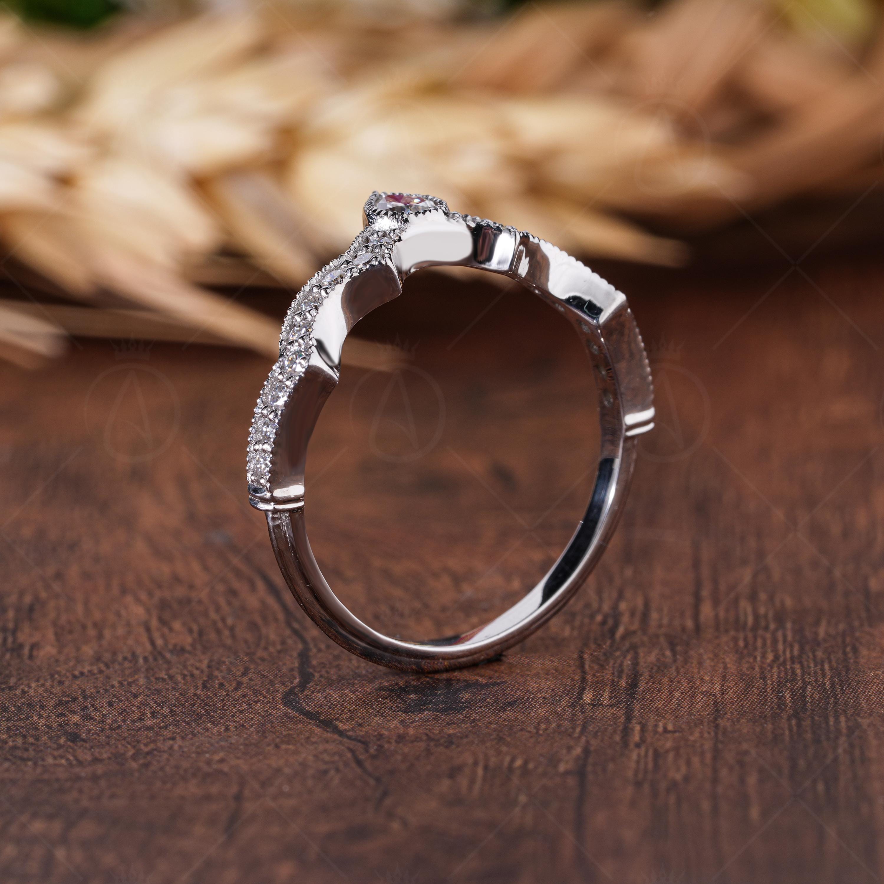 Art Deco Crown Style Curved Wedding Band, Vintage Milgrain Ring For Women, Matching Stackable Rings, Art Deco Estate Jewelry Ring