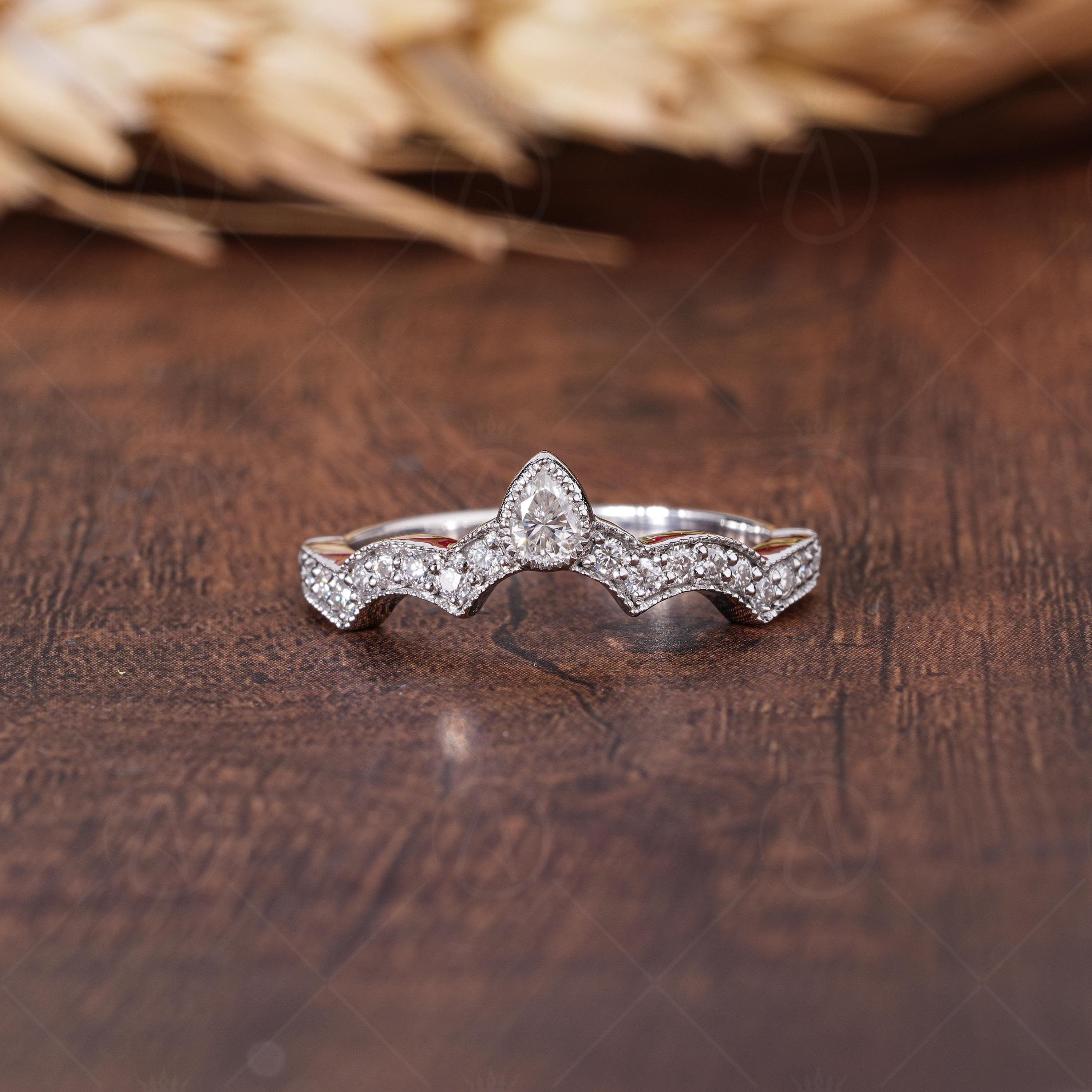 Art Deco Crown Style Curved Wedding Band, Vintage Milgrain Ring For Women, Matching Stackable Rings, Art Deco Estate Jewelry Ring