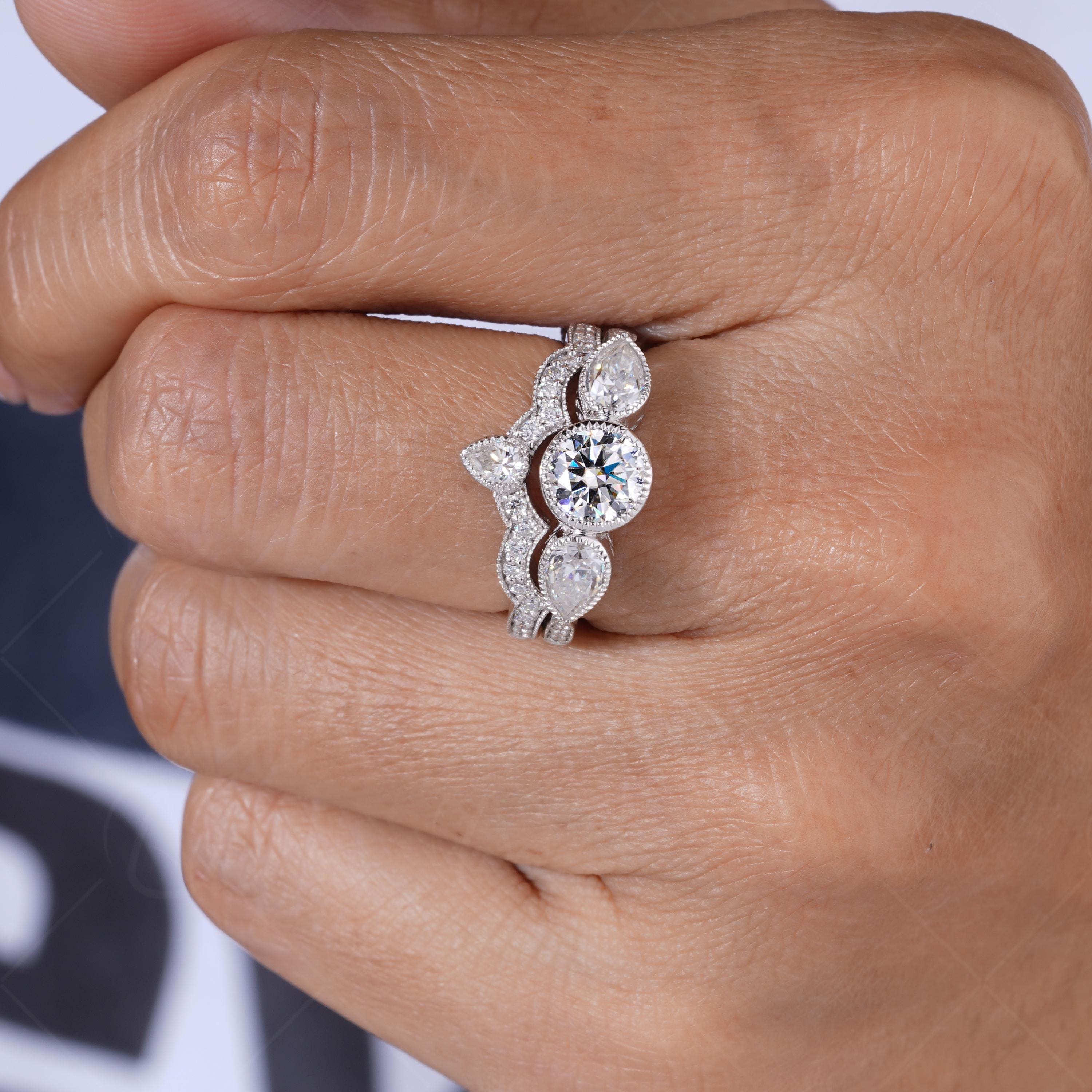 Art Deco Three Stone Engagement Ring With Matching Curved Wedding Band, Milgrain Vintage Bridal Ring Sets For Women, Wedding Rings