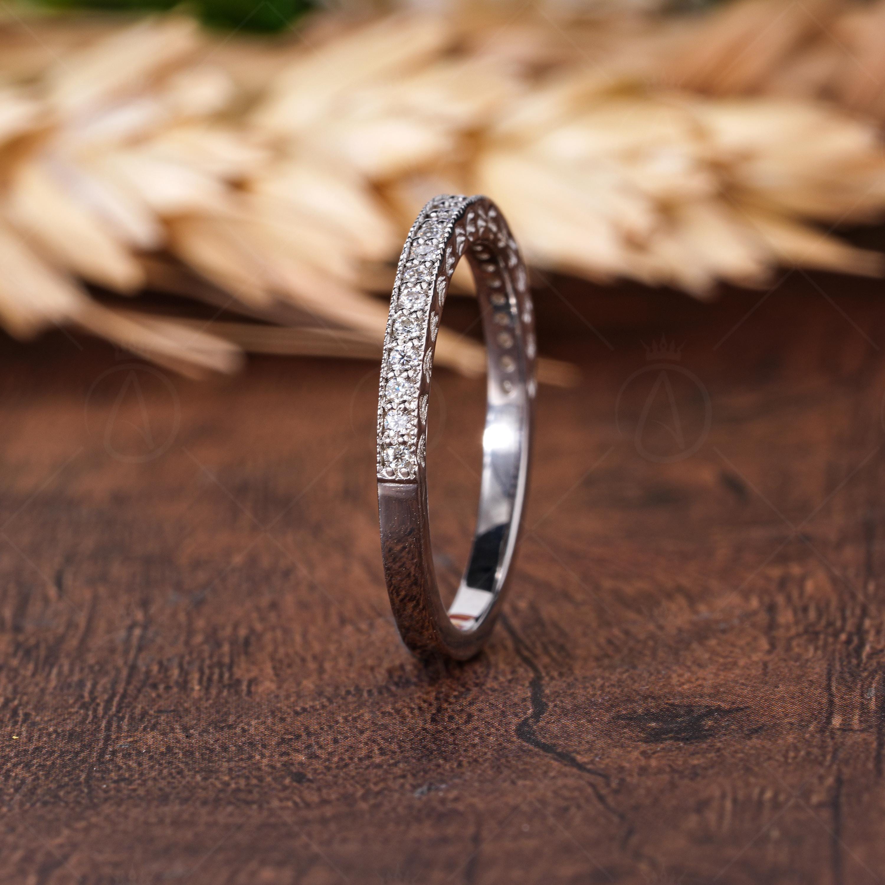 Carved Vintage Half Eternity Wedding Bands For Women, Engraved Art Deco Stackable Ring, Matching Eternity Band, Bridal Promise Ring