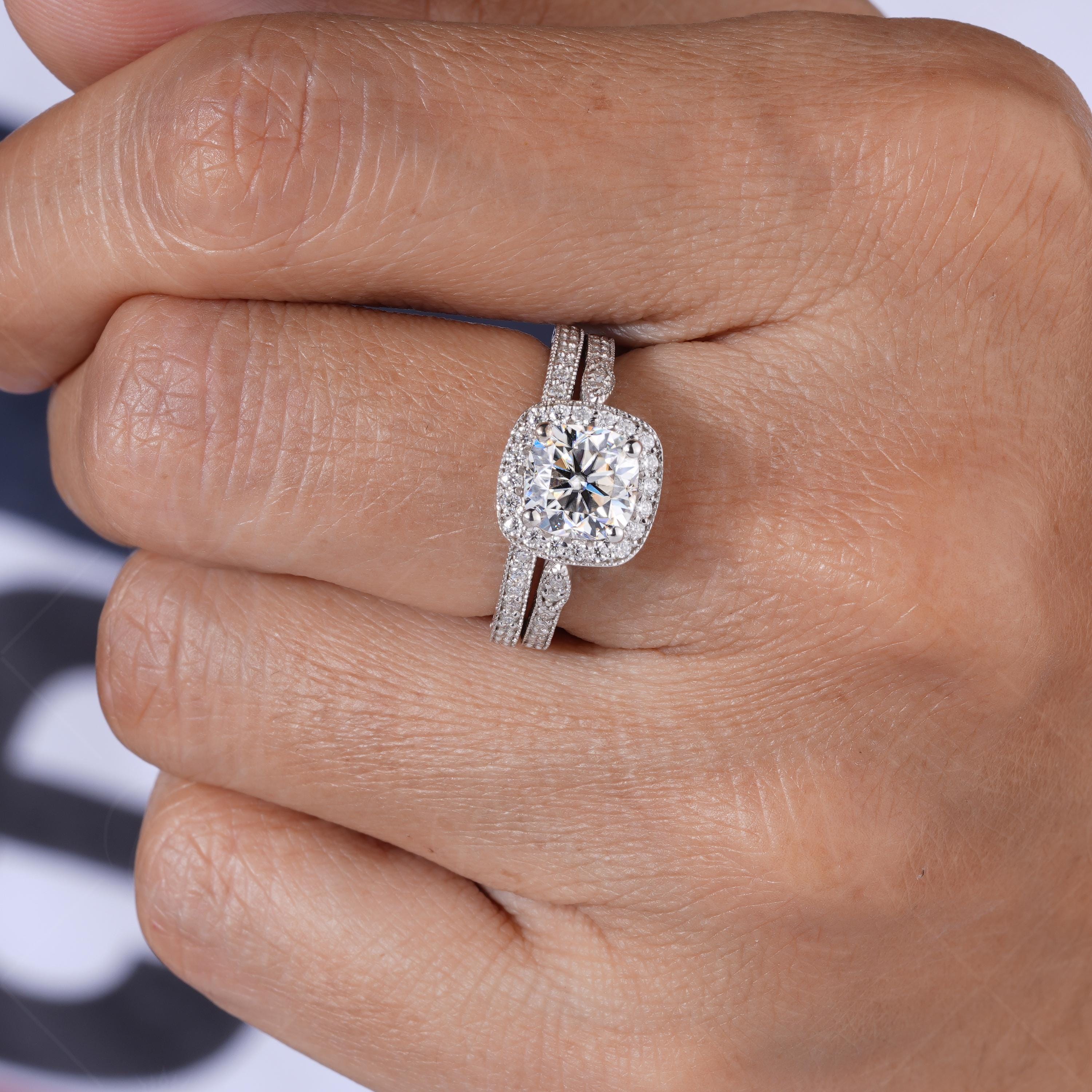 Moissanite Cushion Cut Halo Engagement Ring, Unique Carved Wedding Ring Set, Art Deco Vintage Bridal Ring Set, Matching Stackable Band