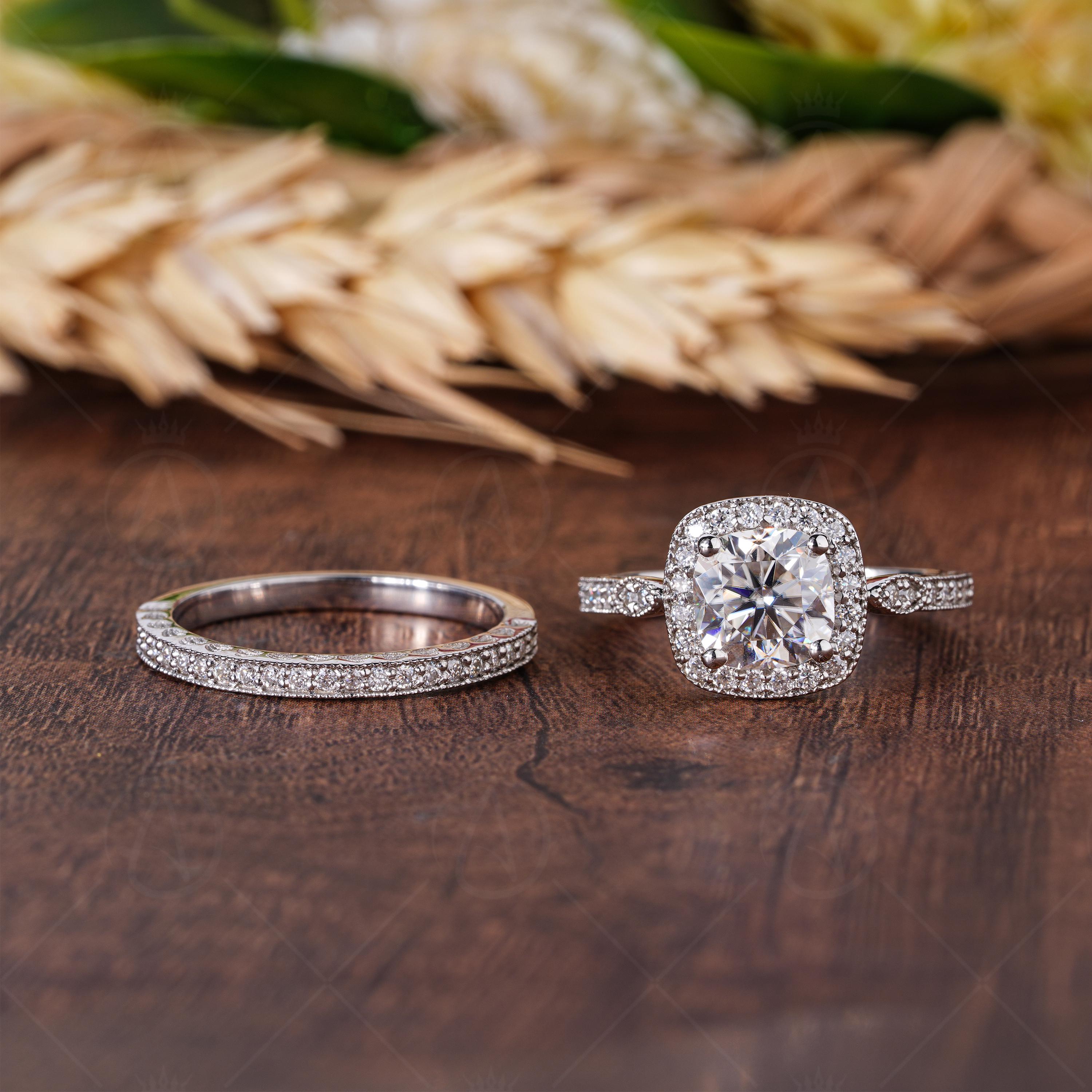 Moissanite Cushion Cut Halo Engagement Ring, Unique Carved Wedding Ring Set, Art Deco Vintage Bridal Ring Set, Matching Stackable Band