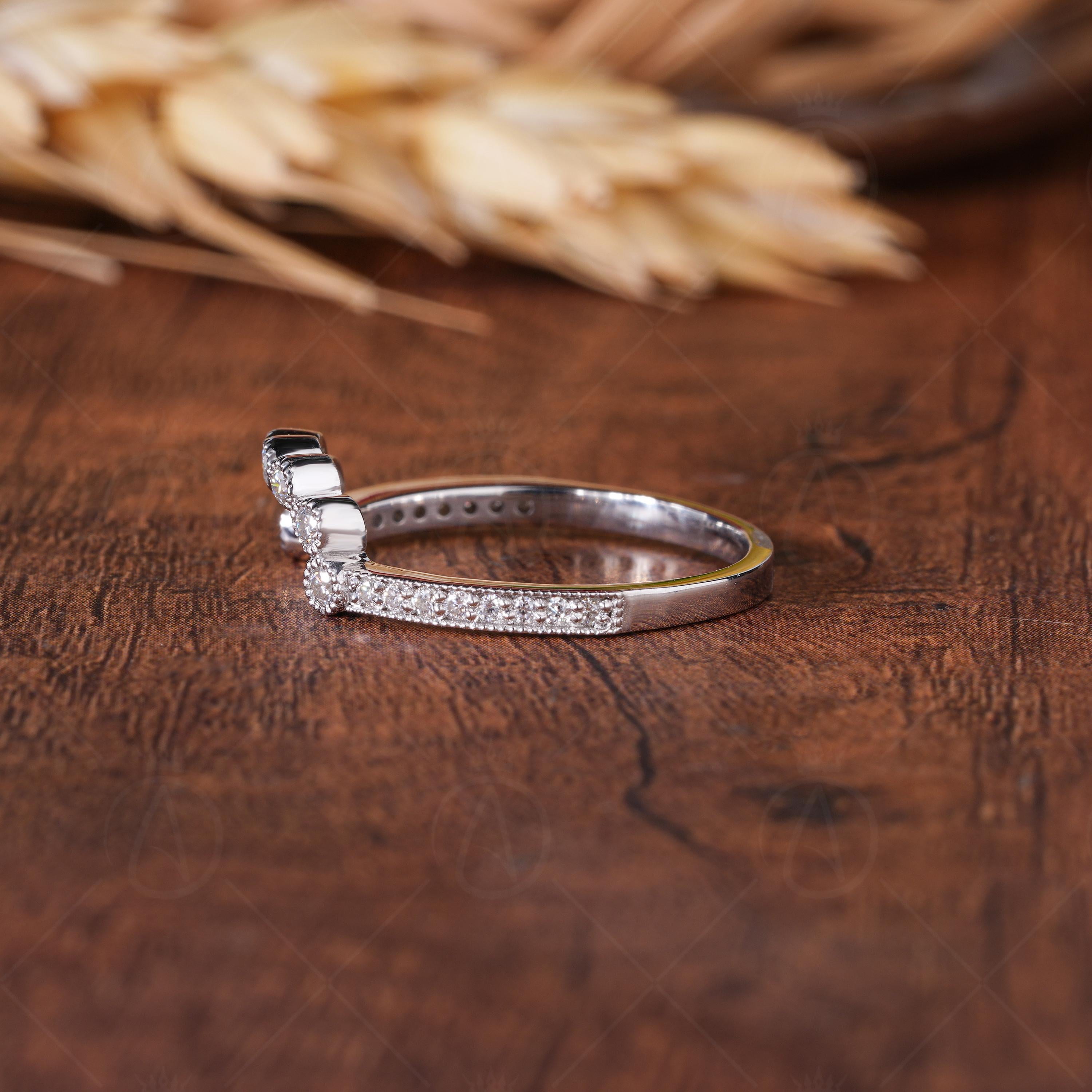 Curved Stacking Wedding Band For Women Ring, Milgrain Vintage Estate Band, Contoured Moissanite Art Deco Band, Bridal Matching Band