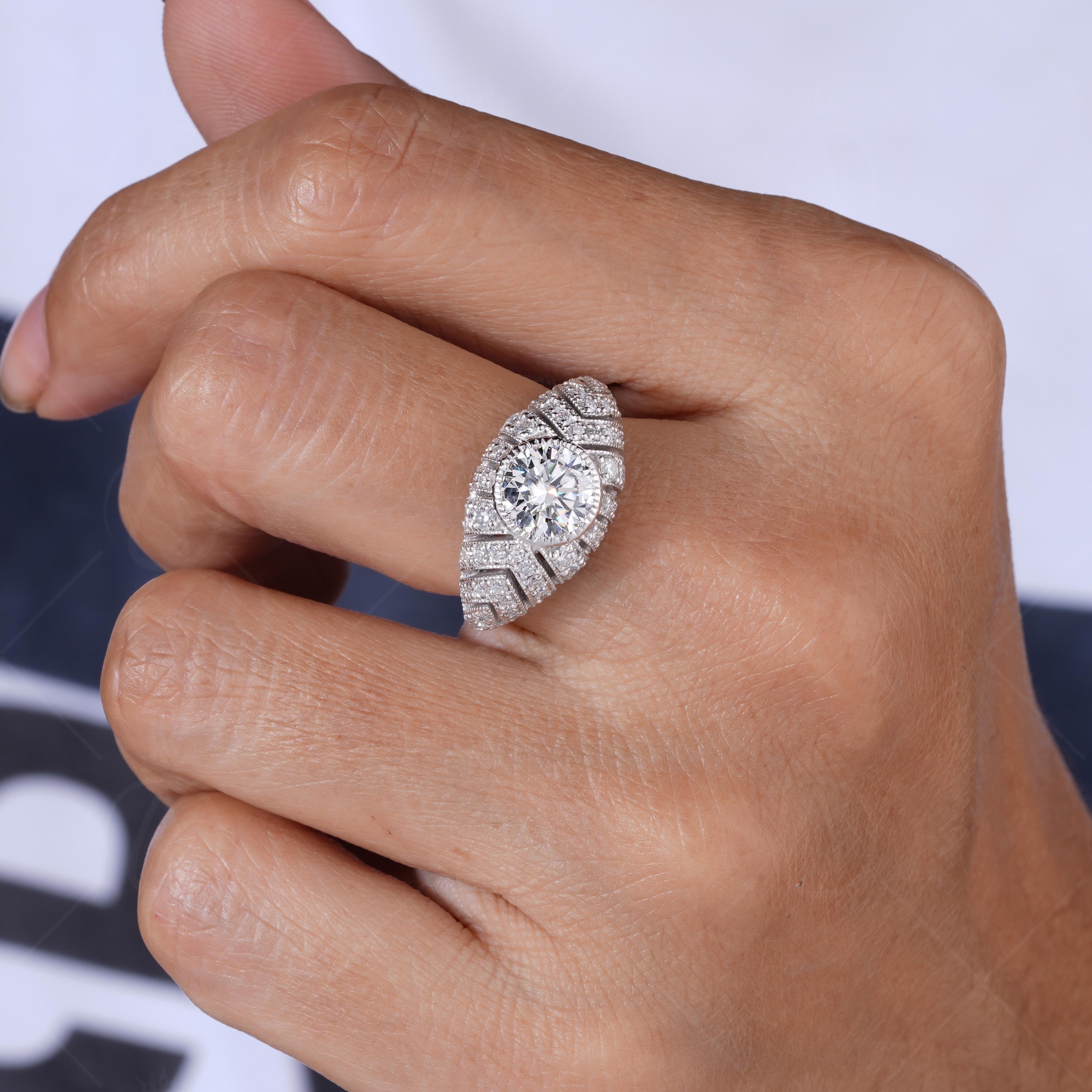 Edwardian Style Dome Statement Ring, Antique Moissanite Vintage Engagement Ring, Art Deco Milgrain Ring For Women, Unique Promise Ring