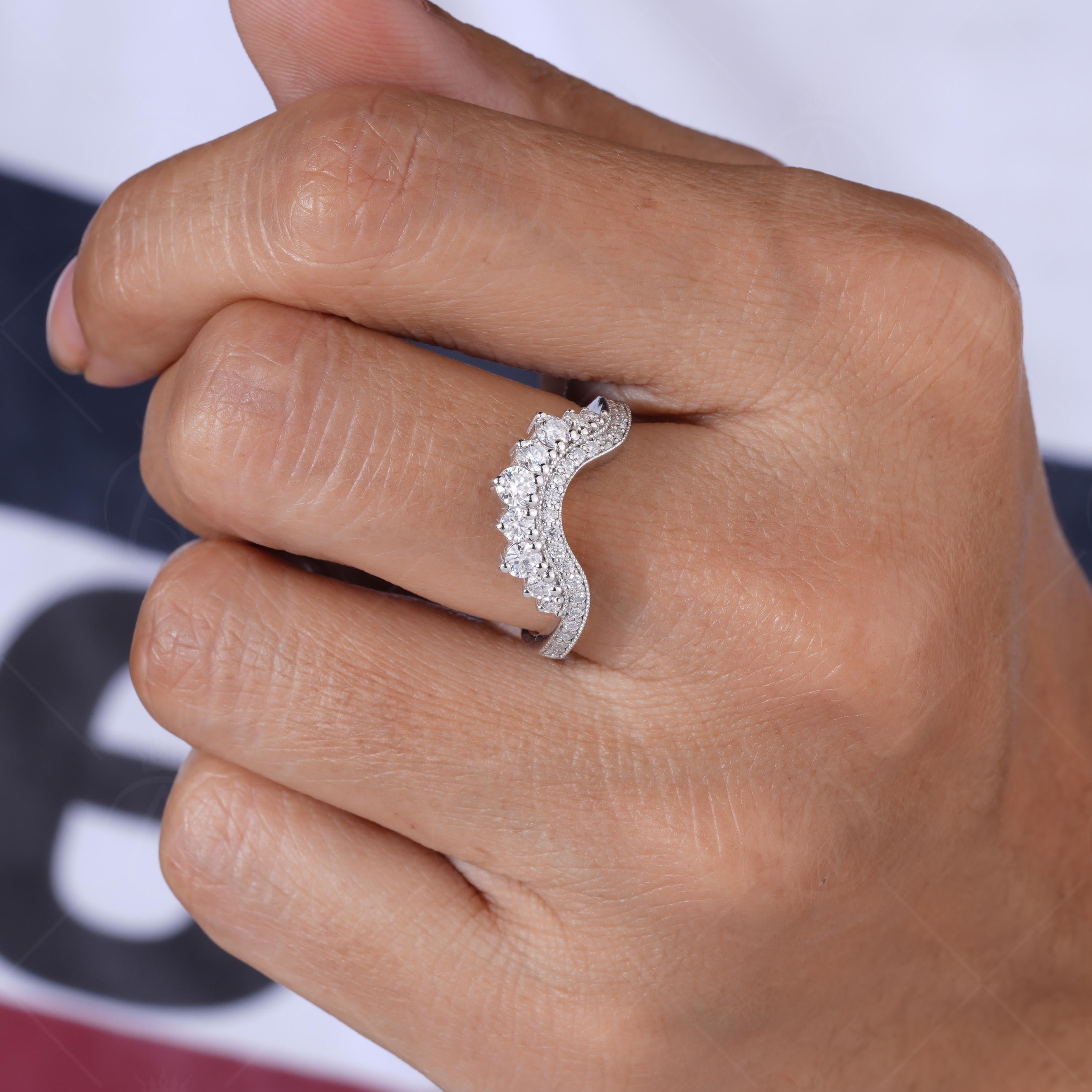 Moissanite Contour Wedding Bands Women, Art Deco Curved Matching Band For Bridal Ring, Unique Nesting Stackable Rings