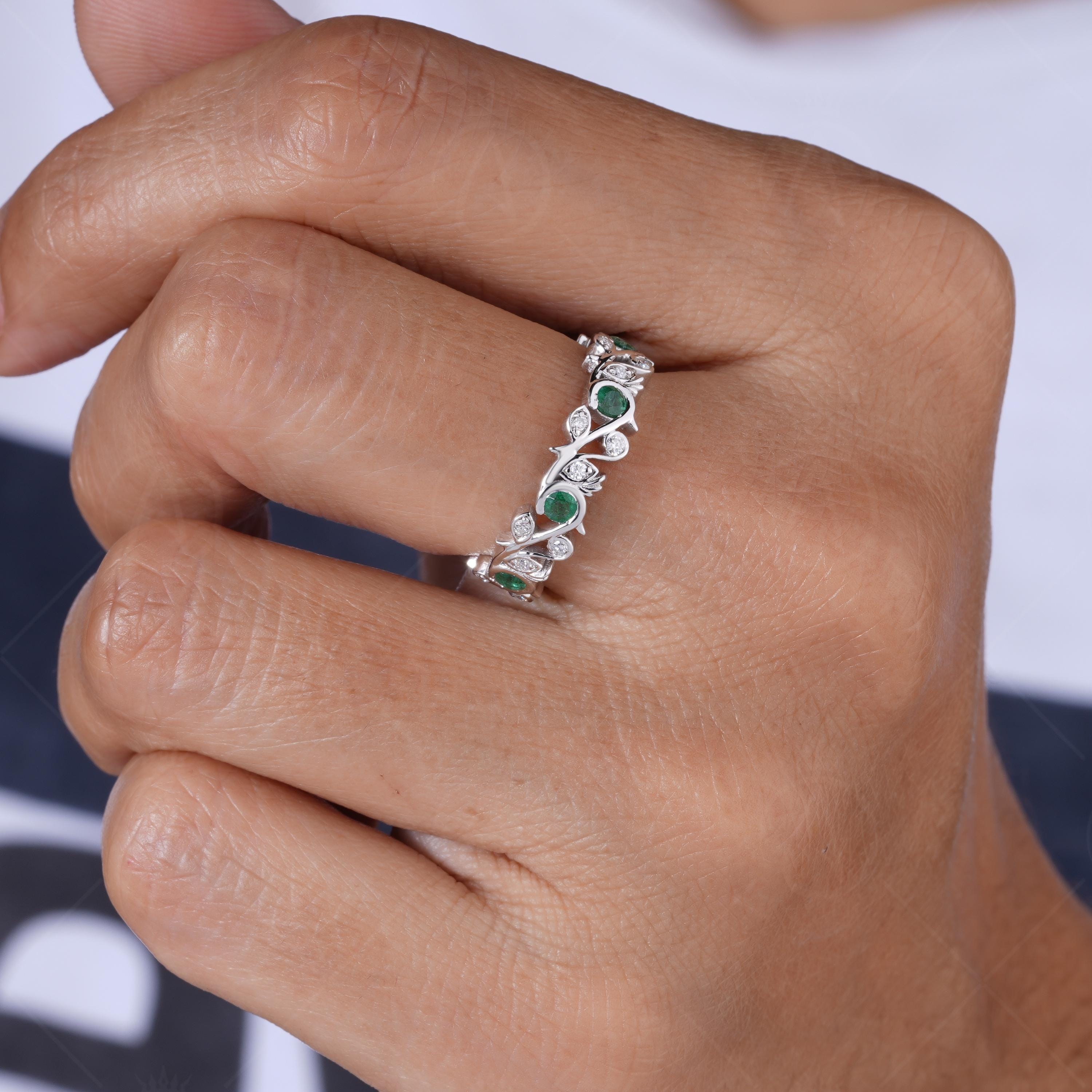 Nature Inspired Twig Branch Wedding Band Unique Leaf And Vine Emerald Band Ring Art Deco Twig Nature Anniversary Band For Women