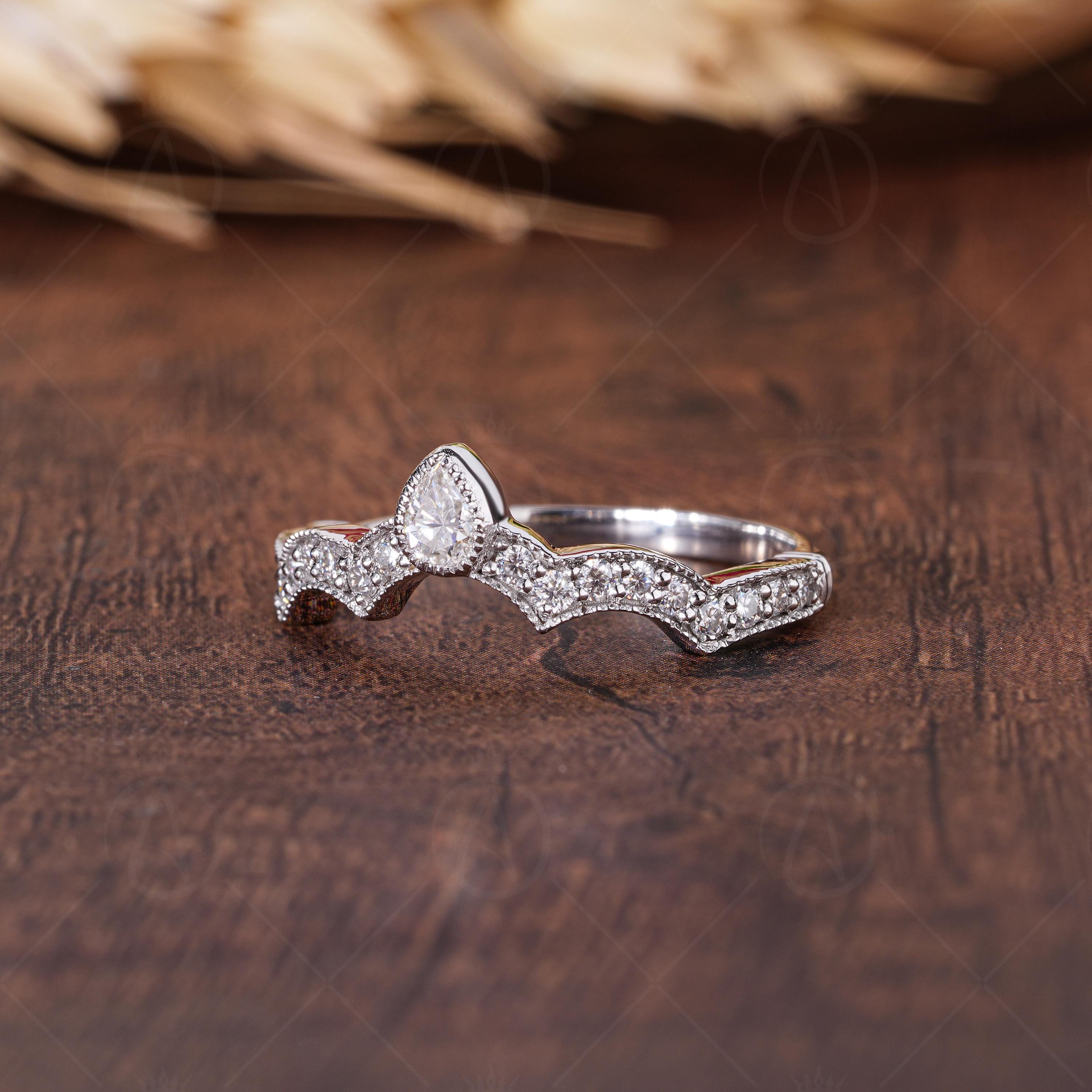 Art Deco Crown Style Curved Wedding Band, Vintage Milgrain Ring For Women, Matching Stackable Rings, Art Deco Estate Jewelry Ring