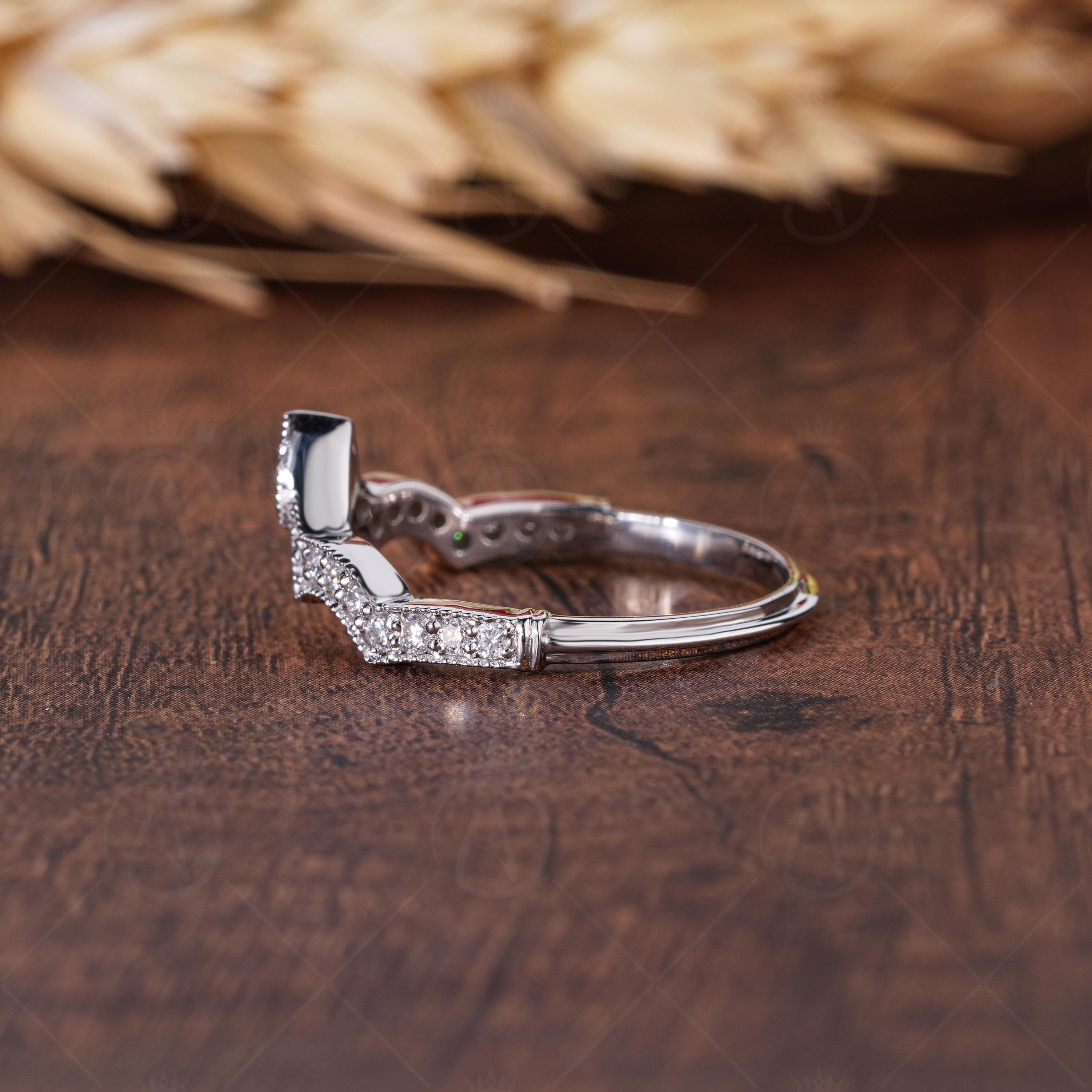 Art Deco Crown Style Curved Wedding Band, Vintage Milgrain Ring For Women, Matching Stackable Rings, Art Deco Estate Jewelry Ring