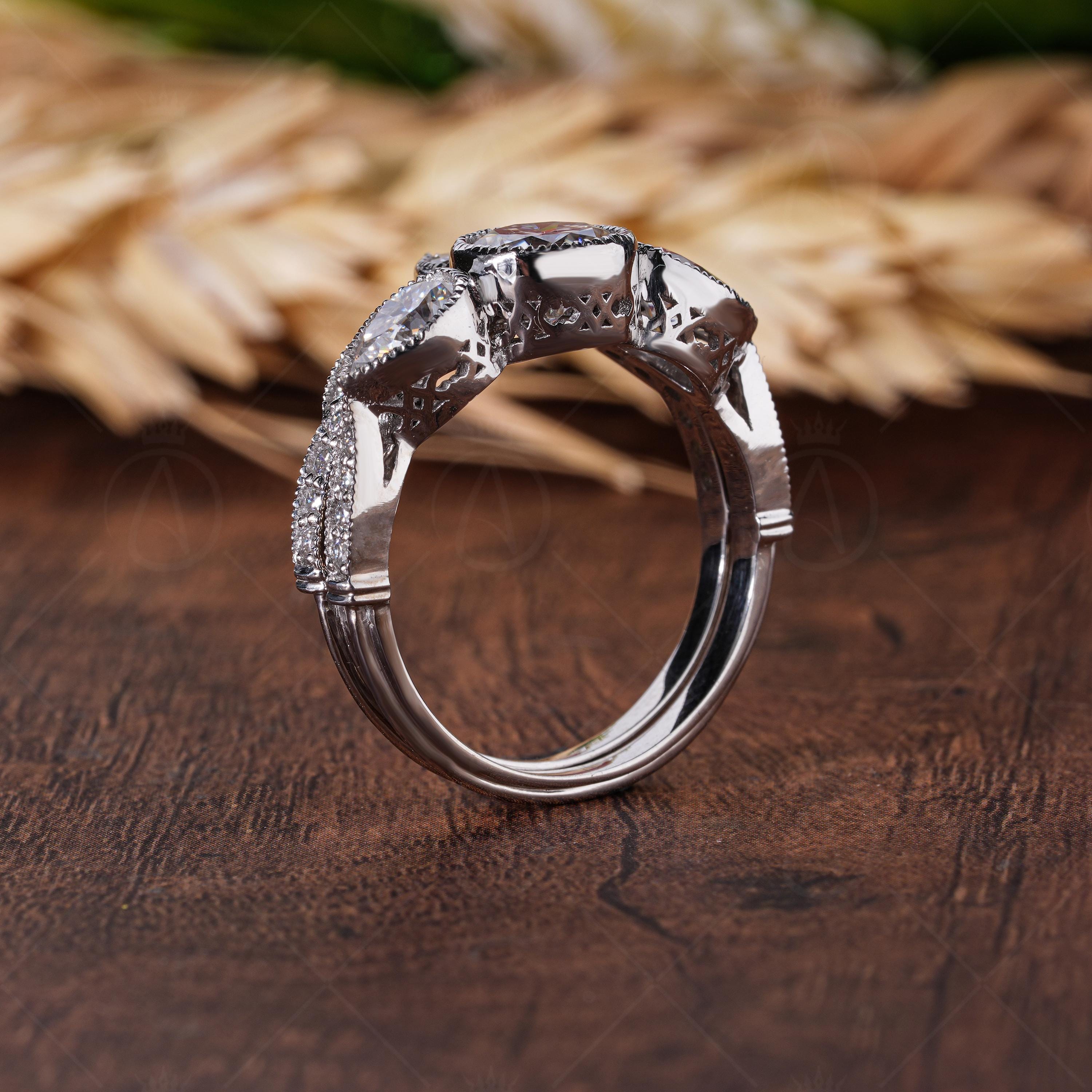 Art Deco Three Stone Engagement Ring With Matching Curved Wedding Band, Milgrain Vintage Bridal Ring Sets For Women, Wedding Rings