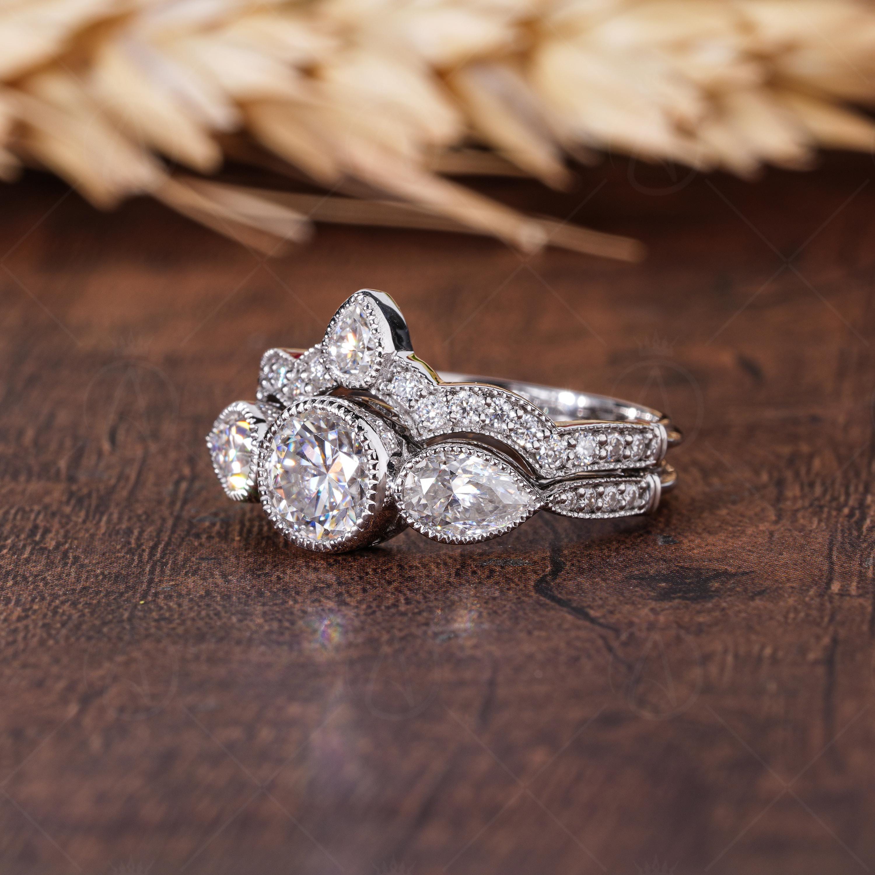 Art Deco Three Stone Engagement Ring With Matching Curved Wedding Band, Milgrain Vintage Bridal Ring Sets For Women, Wedding Rings