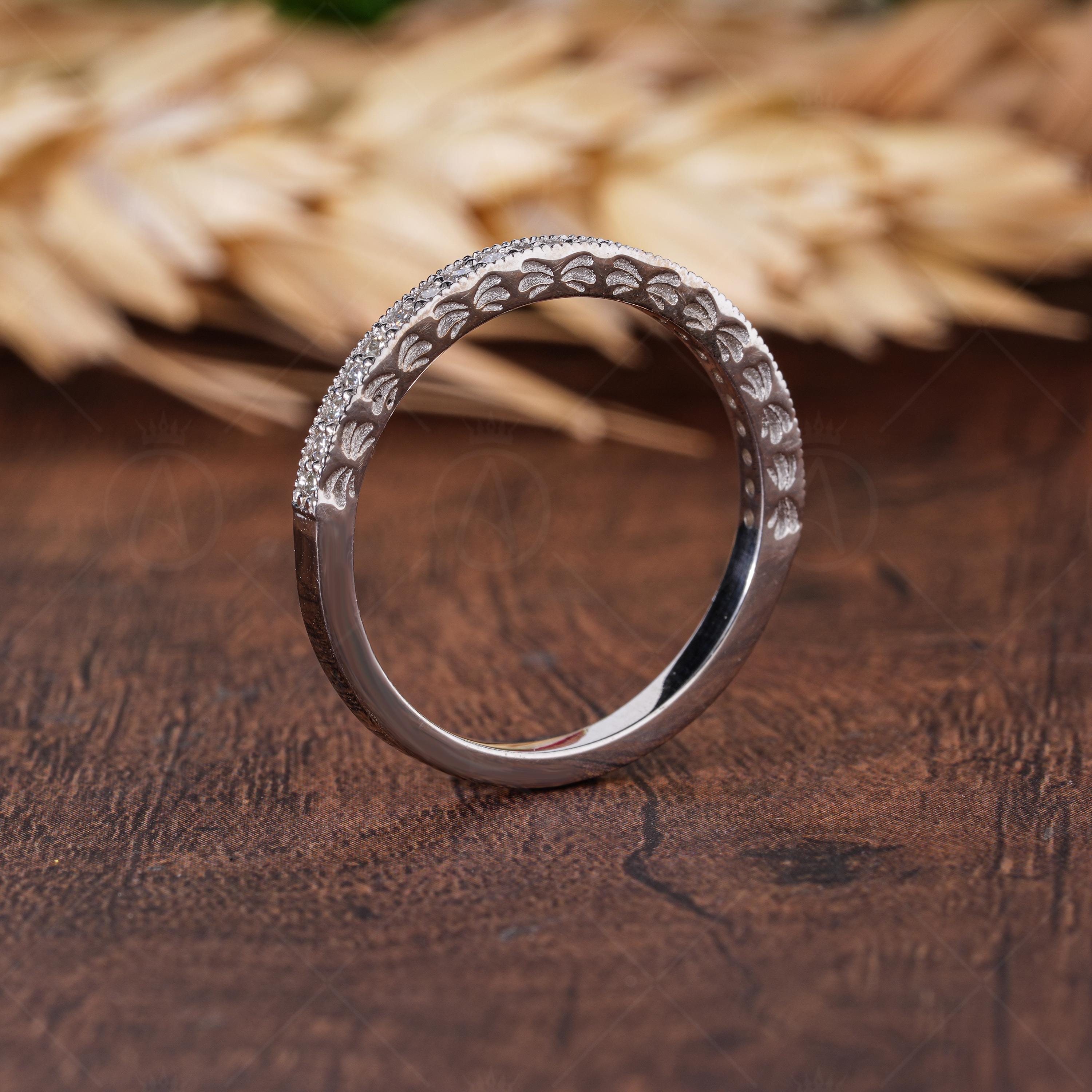 Carved Vintage Half Eternity Wedding Bands For Women, Engraved Art Deco Stackable Ring, Matching Eternity Band, Bridal Promise Ring