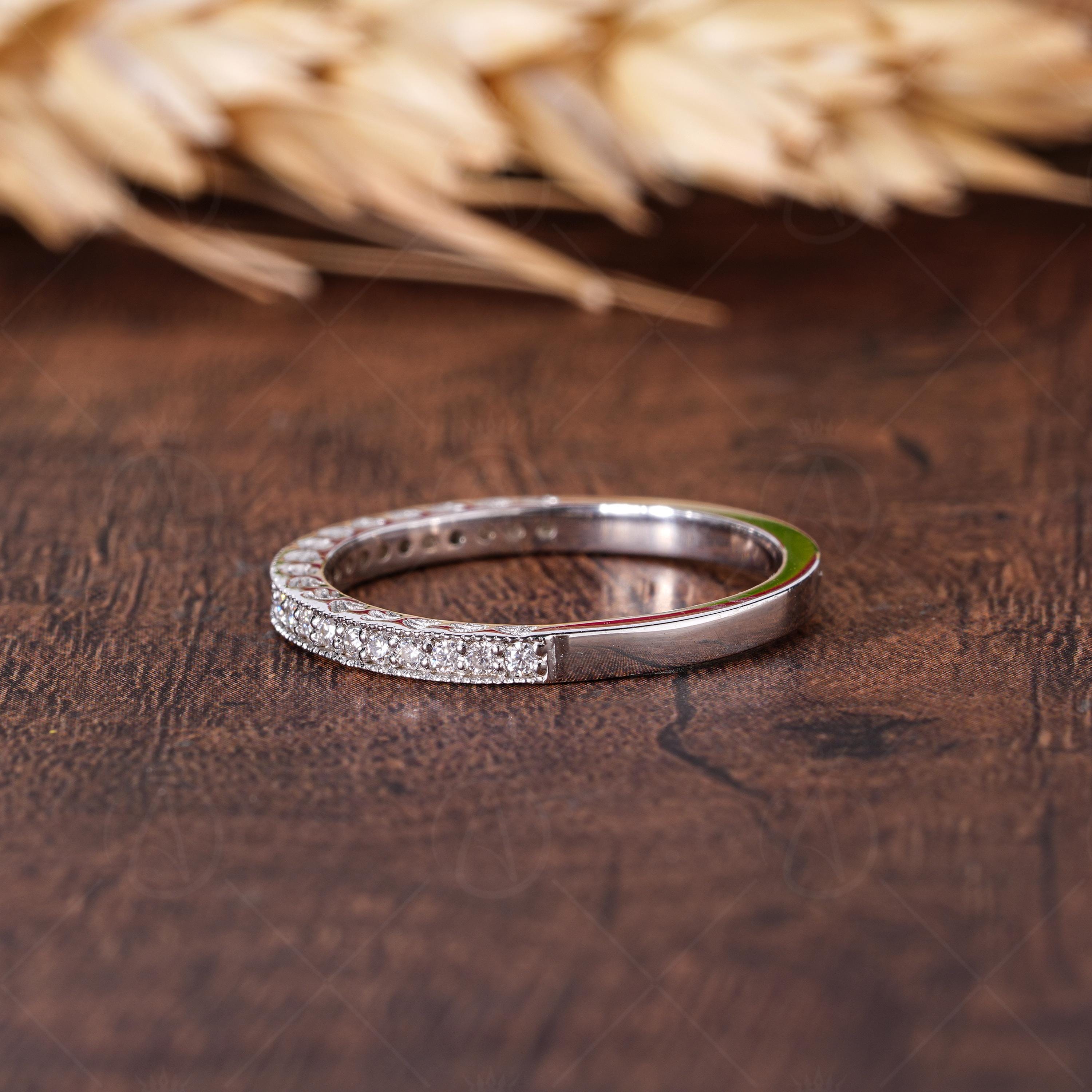 Carved Vintage Half Eternity Wedding Bands For Women, Engraved Art Deco Stackable Ring, Matching Eternity Band, Bridal Promise Ring