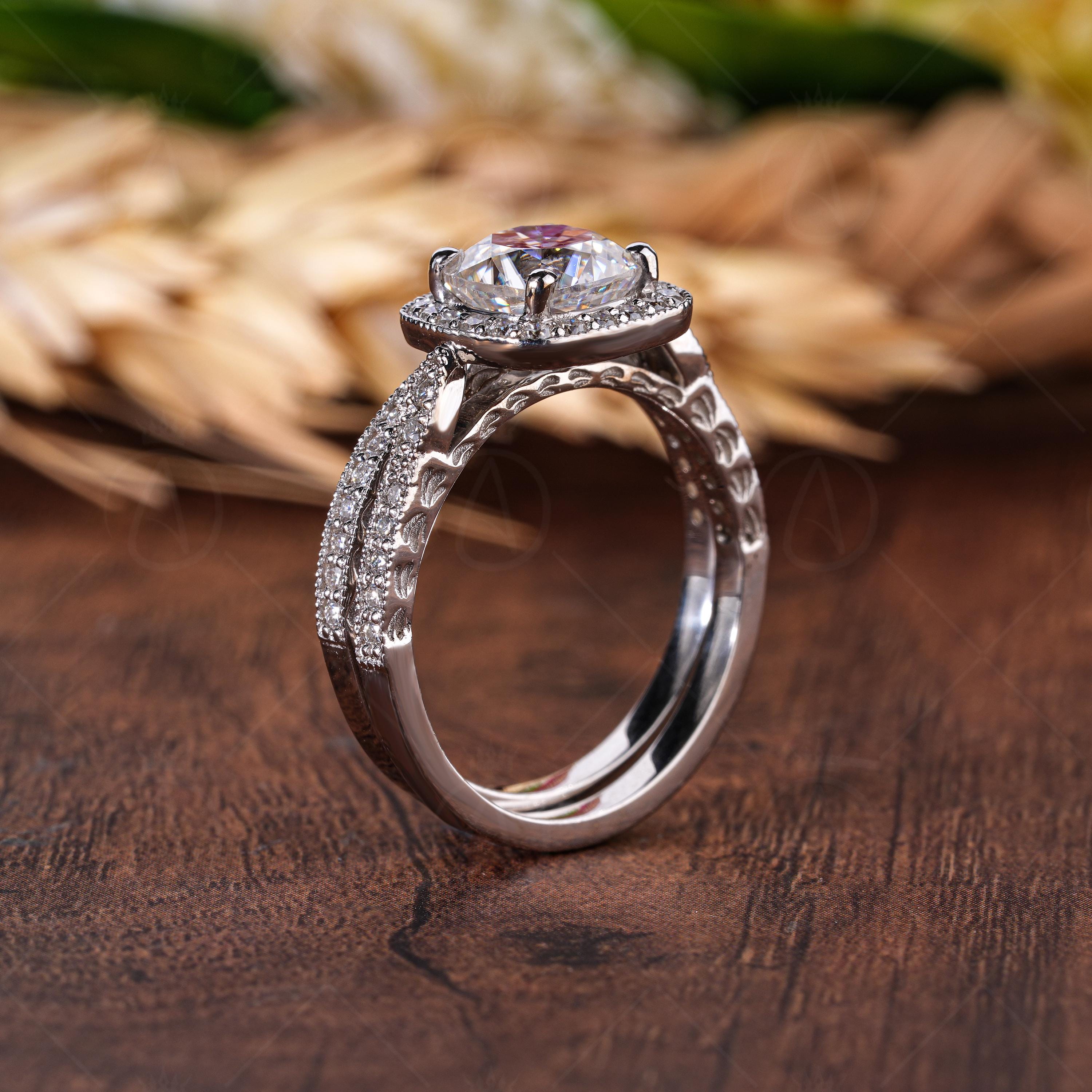 Moissanite Cushion Cut Halo Engagement Ring, Unique Carved Wedding Ring Set, Art Deco Vintage Bridal Ring Set, Matching Stackable Band