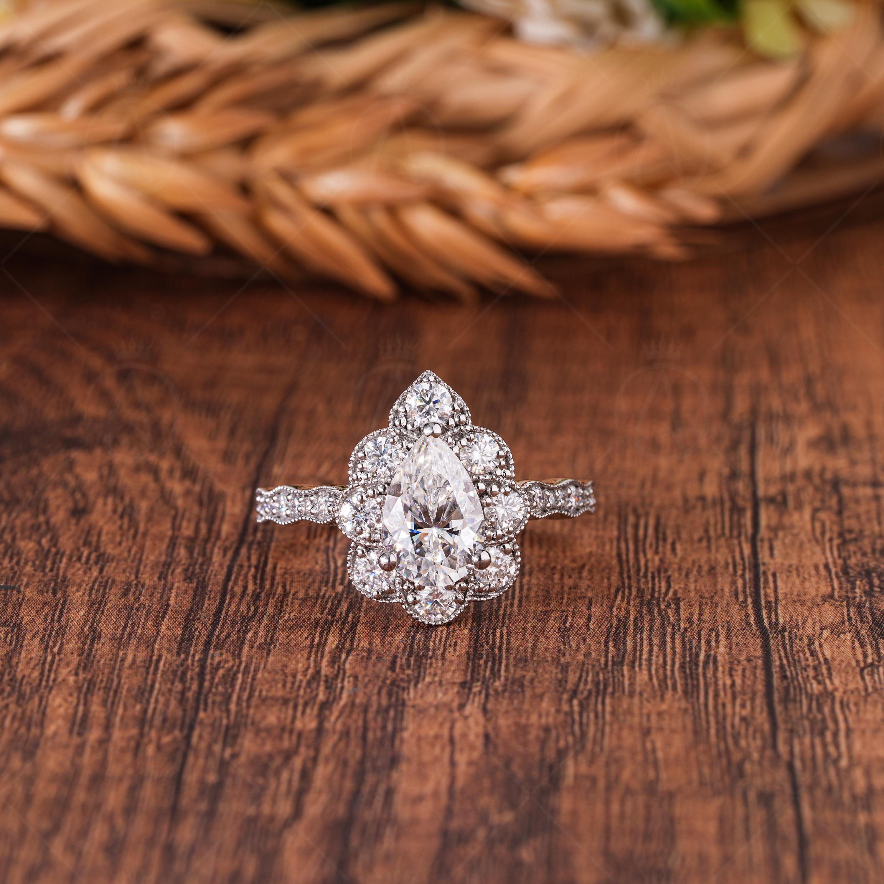 Art Deco Vintage Style Engagement Ring Unique Milgrain Vintage Rings For Women Pear Shaped Moissanite Halo Ring