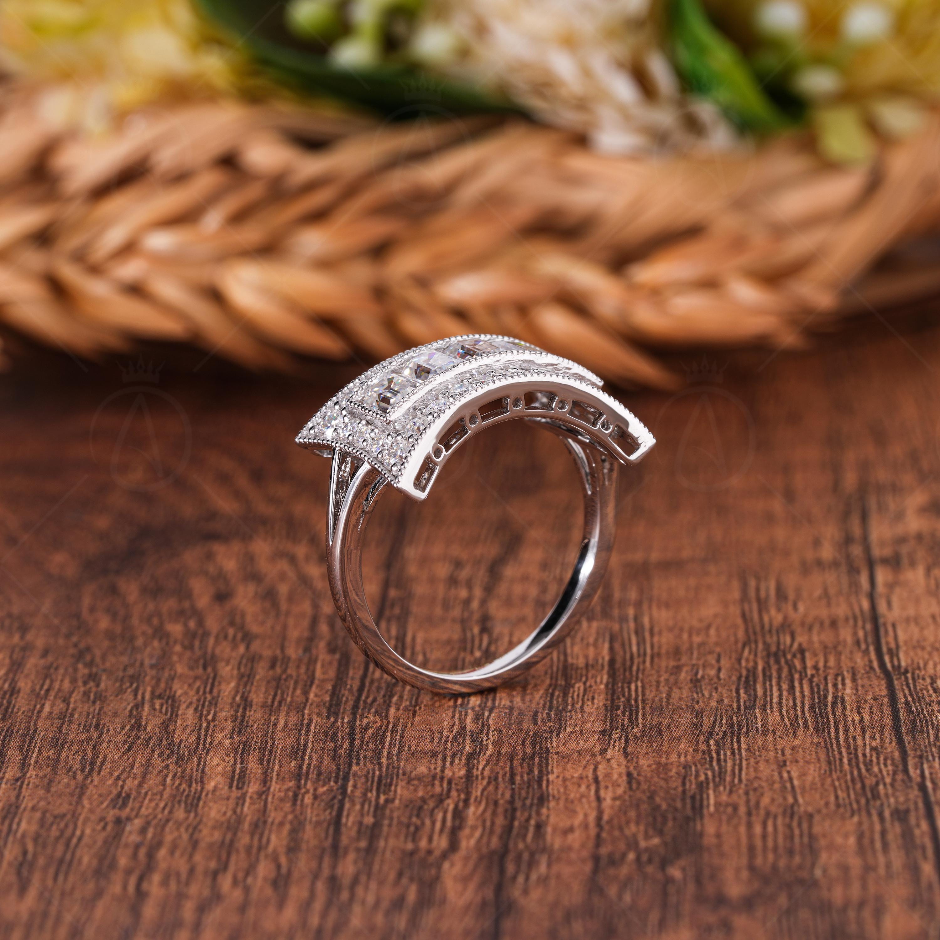 5 Stone Emerald Moissanite Cut Edwardian Engagement Ring Estate Milgrain Vintage Style Ring For Women