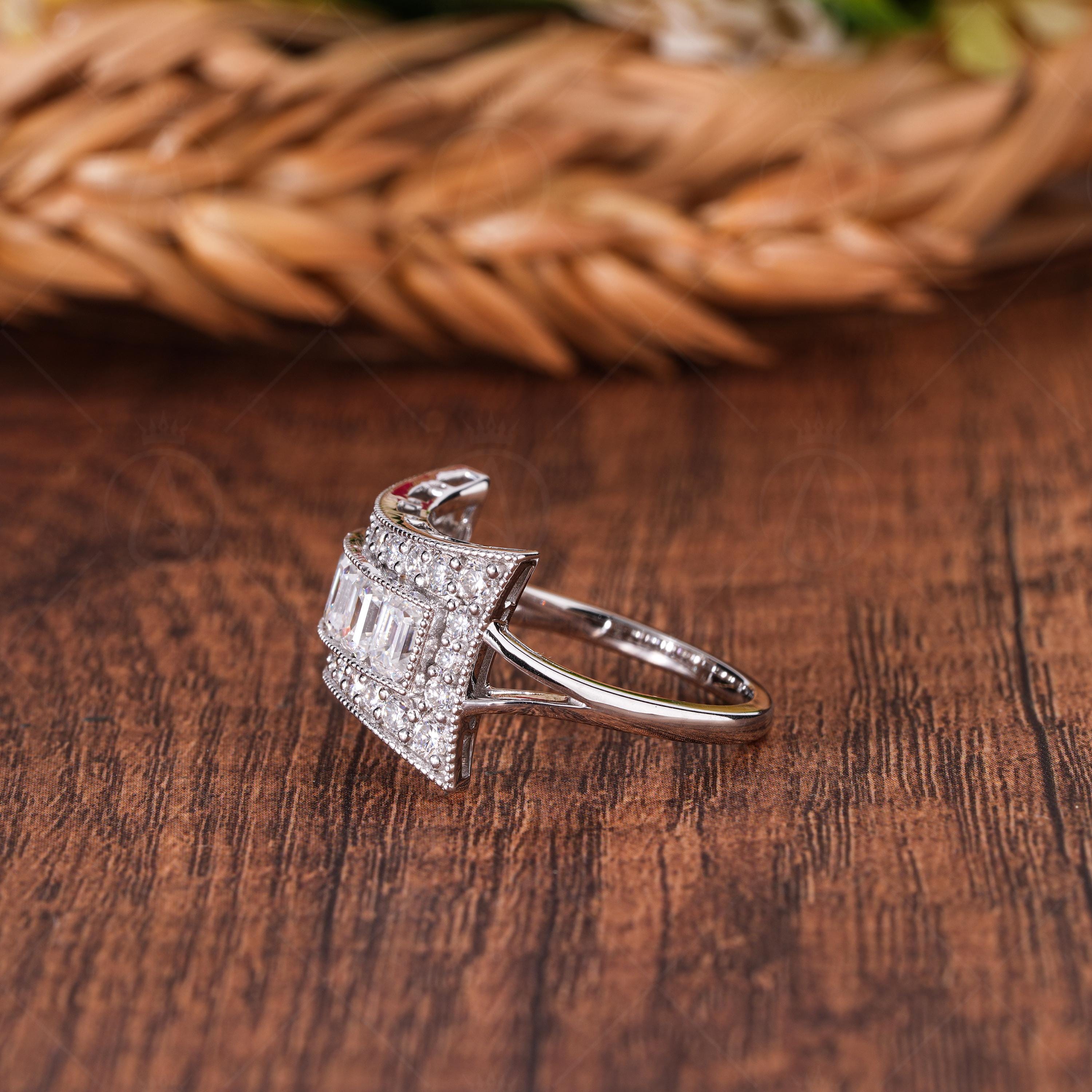 5 Stone Emerald Moissanite Cut Edwardian Engagement Ring Estate Milgrain Vintage Style Ring For Women