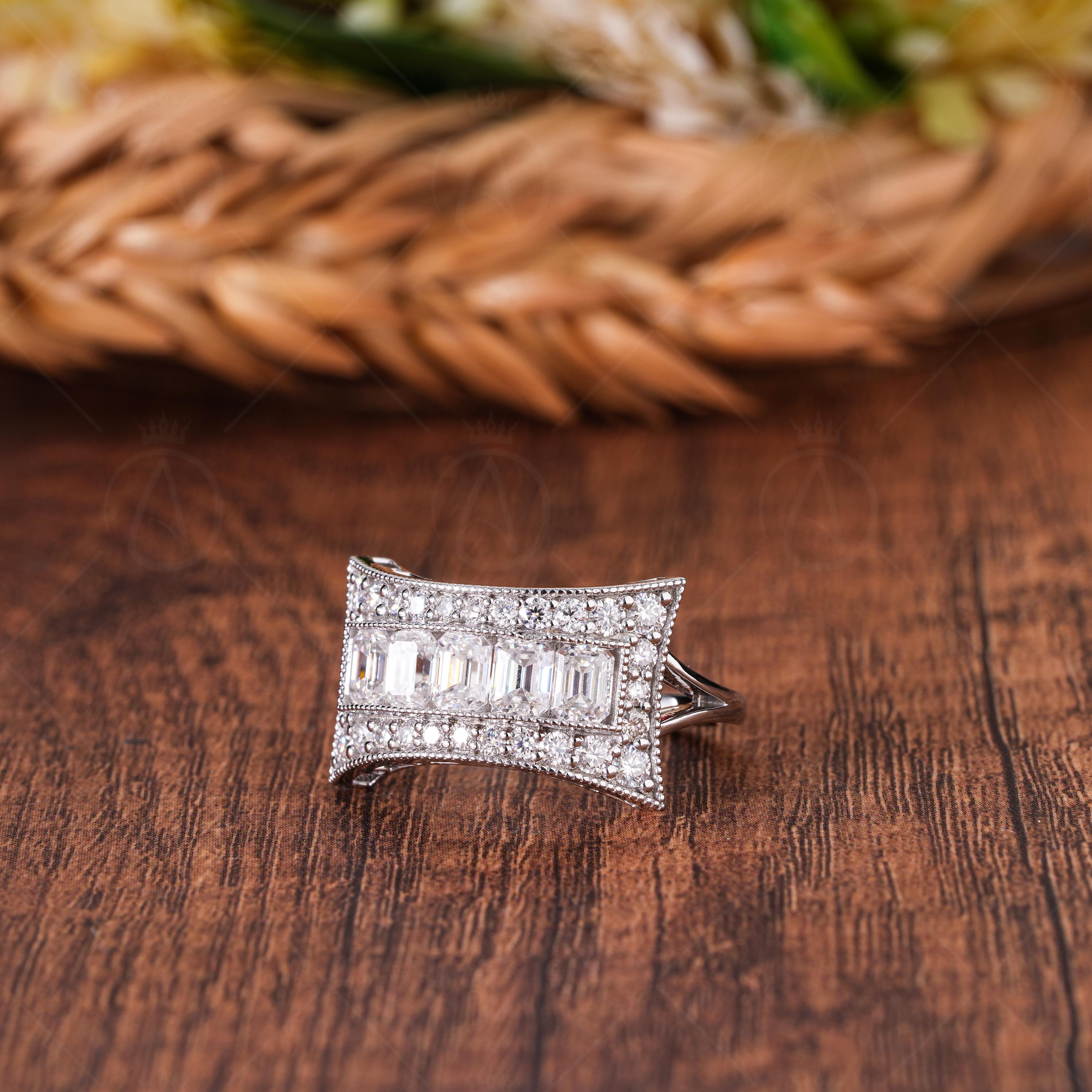 5 Stone Emerald Moissanite Cut Edwardian Engagement Ring Estate Milgrain Vintage Style Ring For Women