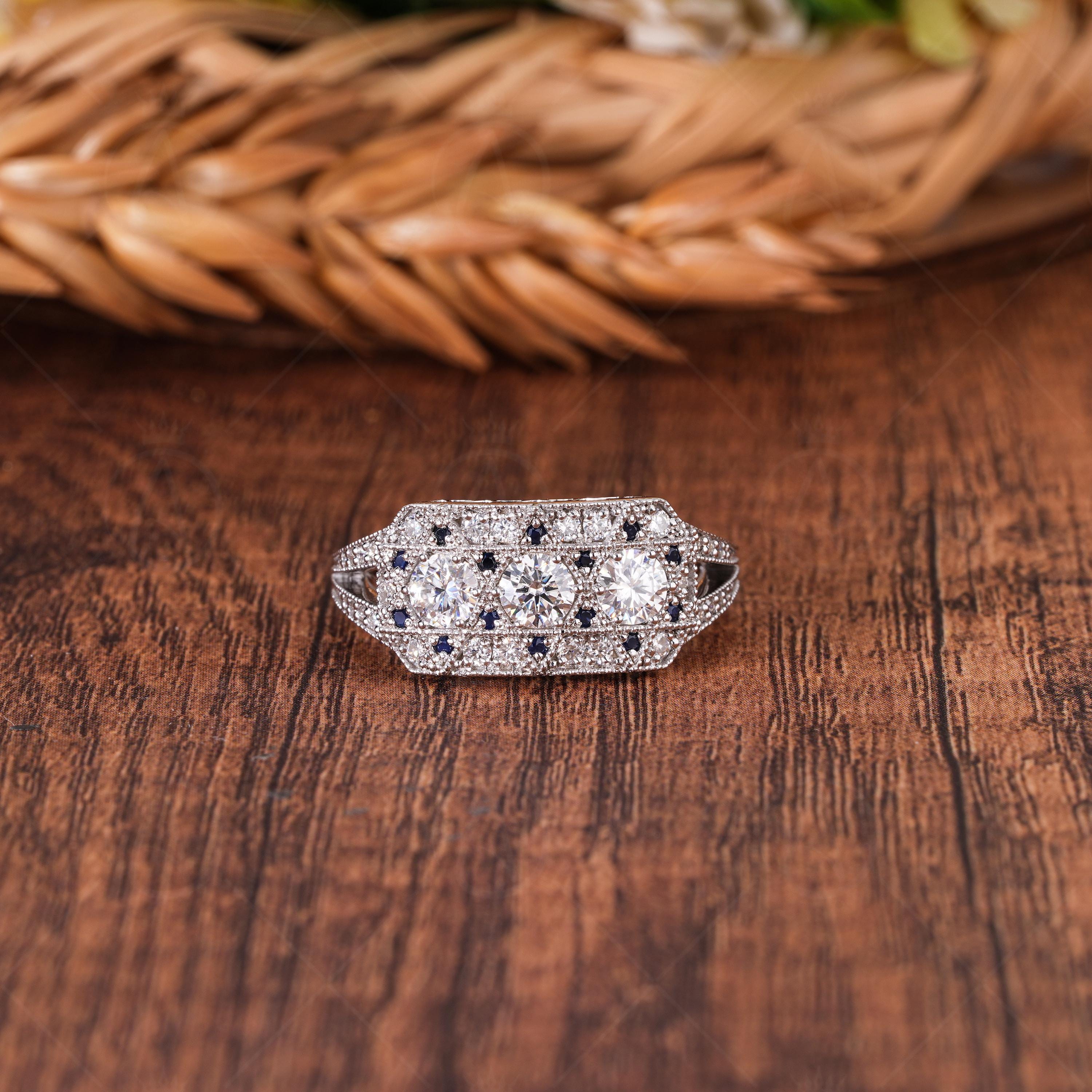 Unique Edwardian Style Engagement Ring, Trilogy Art Deco Estate Moissanite Ring, Milgrain Vintage Inspired Ring