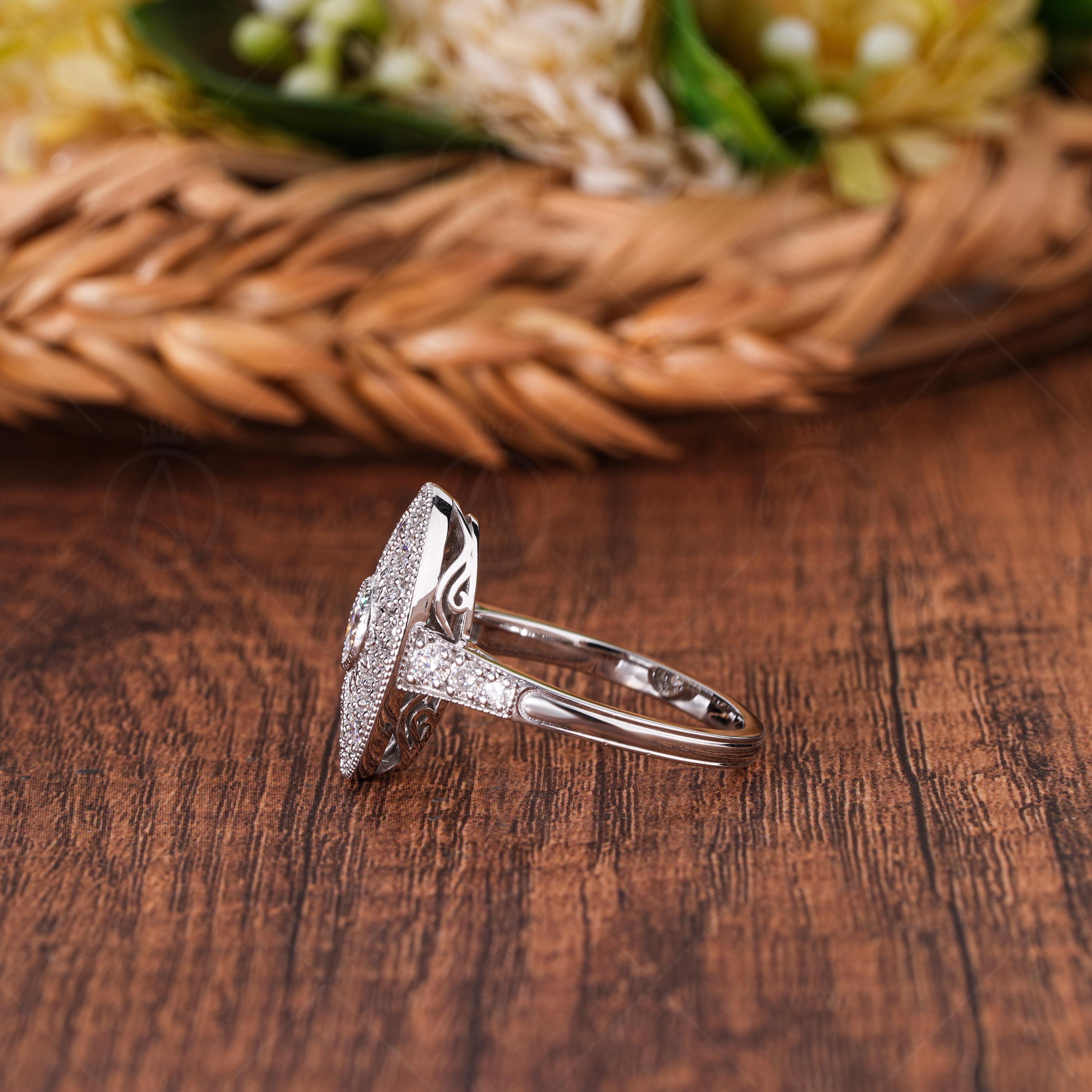 Openwork Art Deco Vintage Style Engagement Ring Long Oval Shaped Vintage Milgrain Ring Moissanite Promise Ring