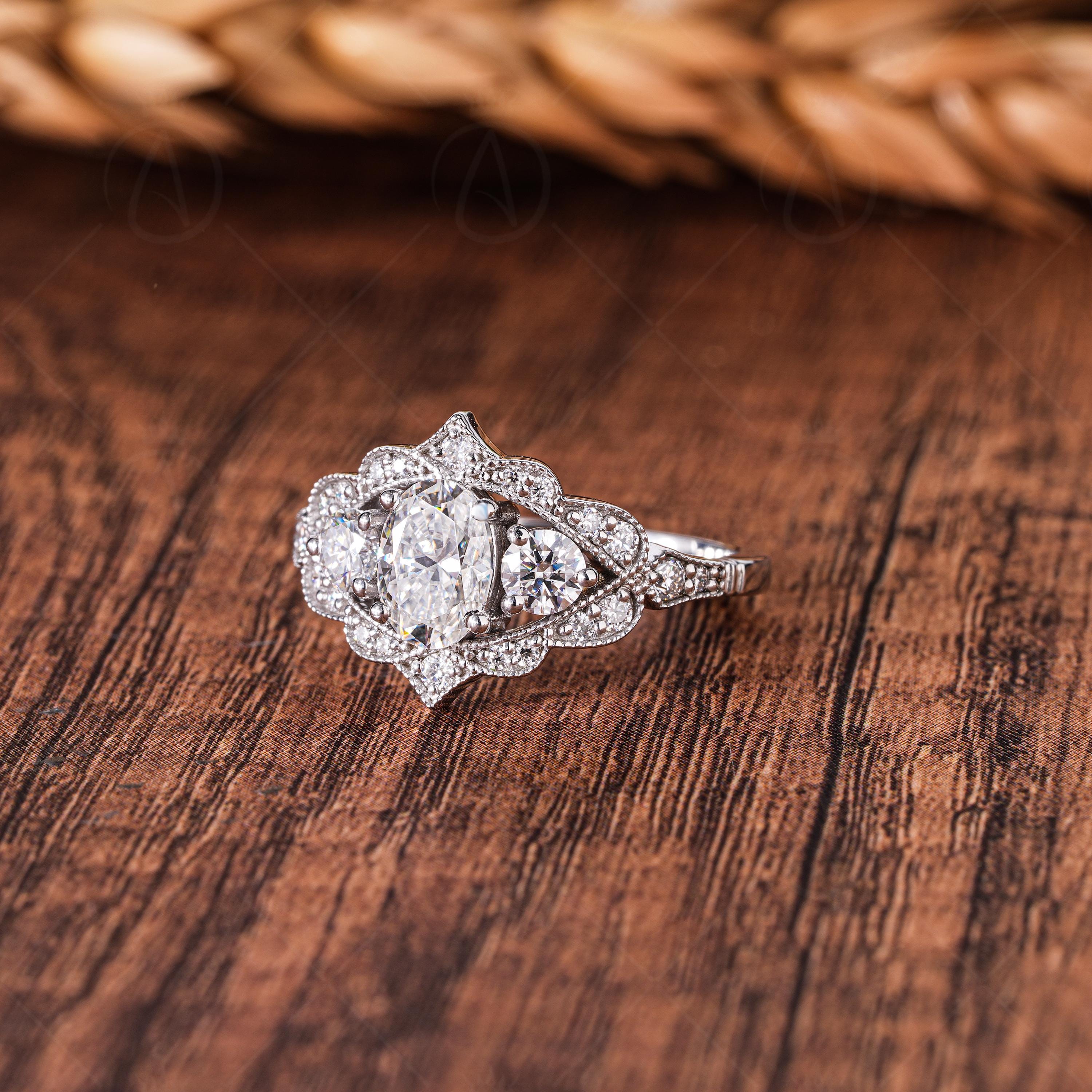 Estate Three Stone Oval Moissanite Engagement Rings For Women Art Deco Milgrain Vintage Style Promise Ring