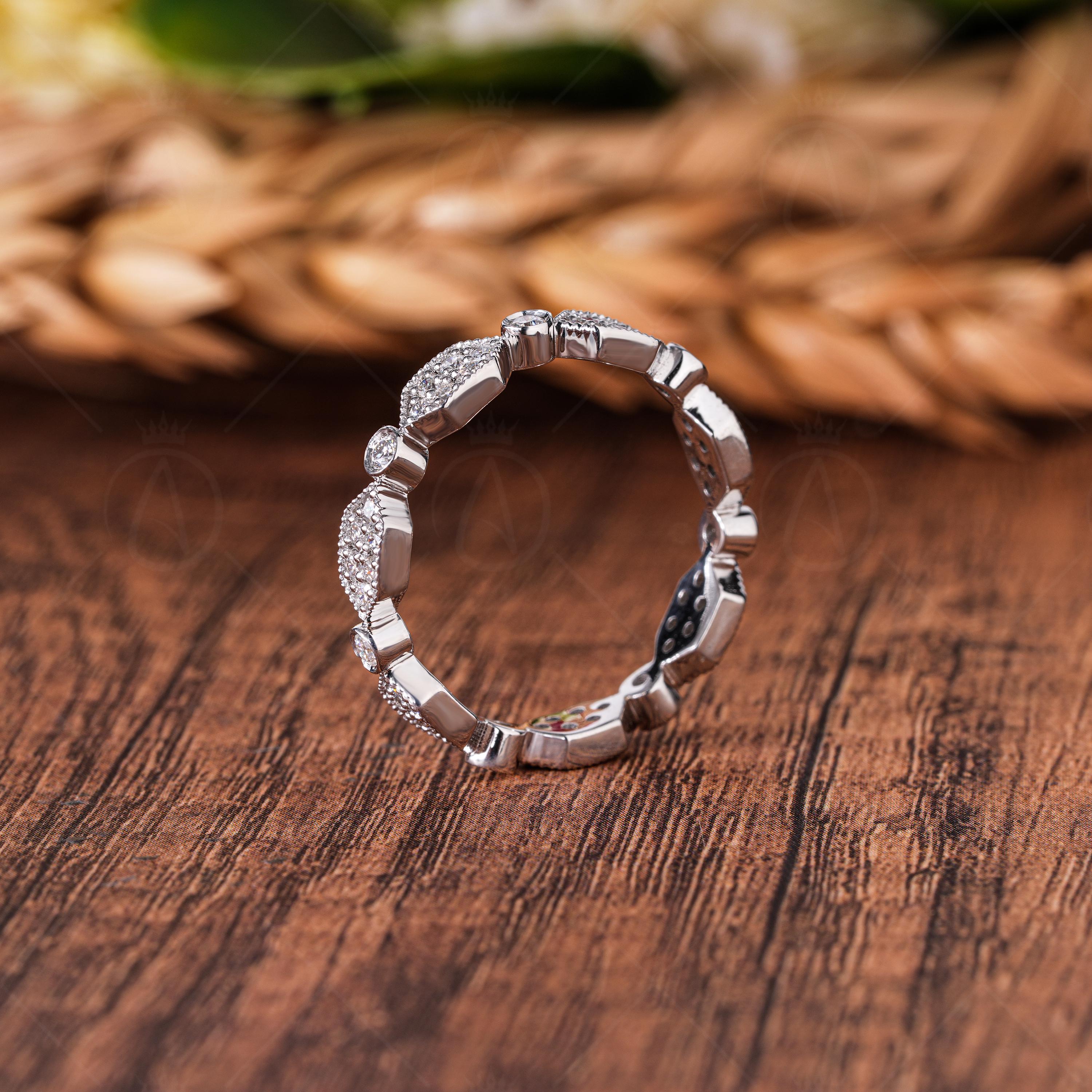 Art Deco Estate Wedding Band For Women Milgrain Vintage Full Eternity Band Alternating Promise Ring For Her