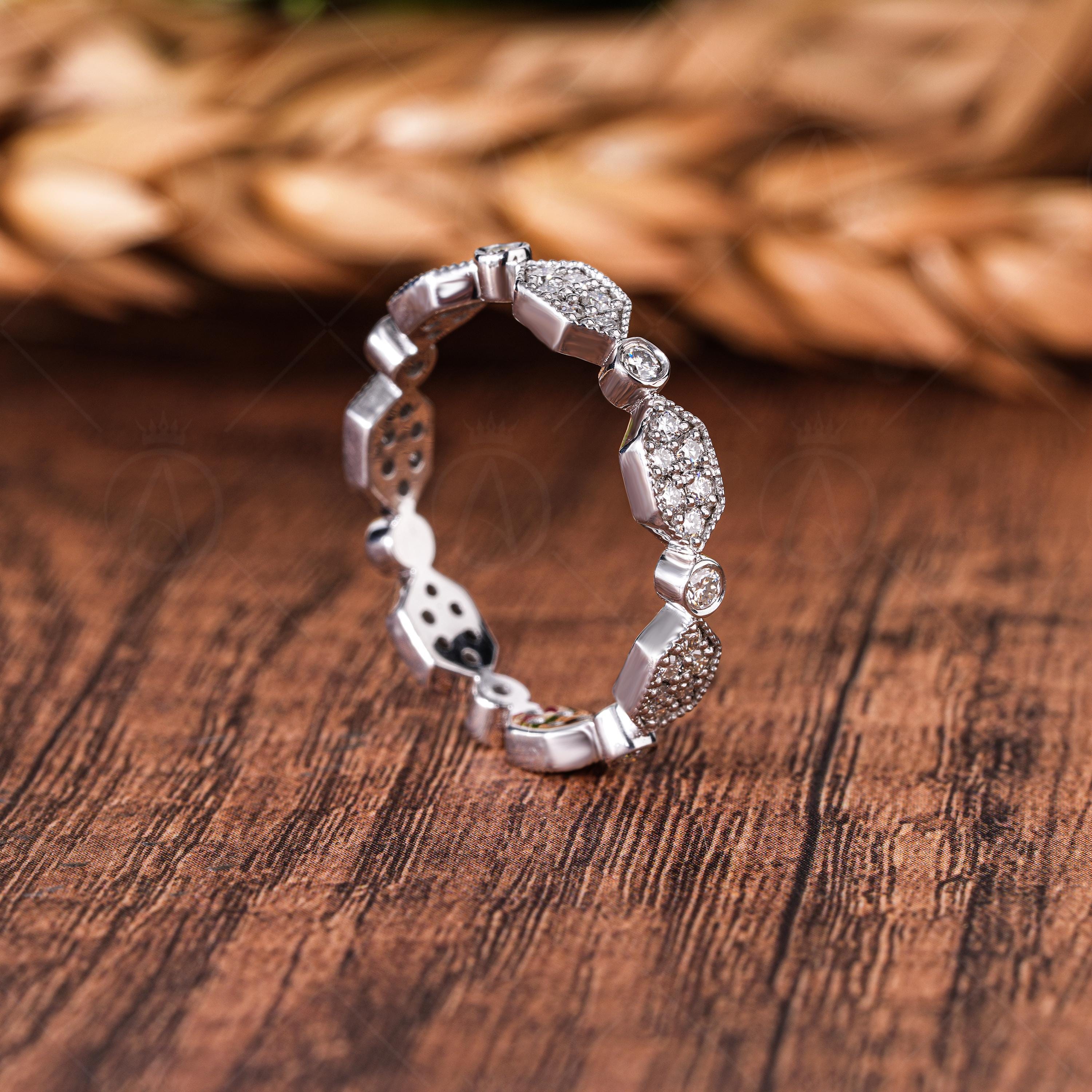 Art Deco Estate Wedding Band For Women Milgrain Vintage Full Eternity Band Alternating Promise Ring For Her