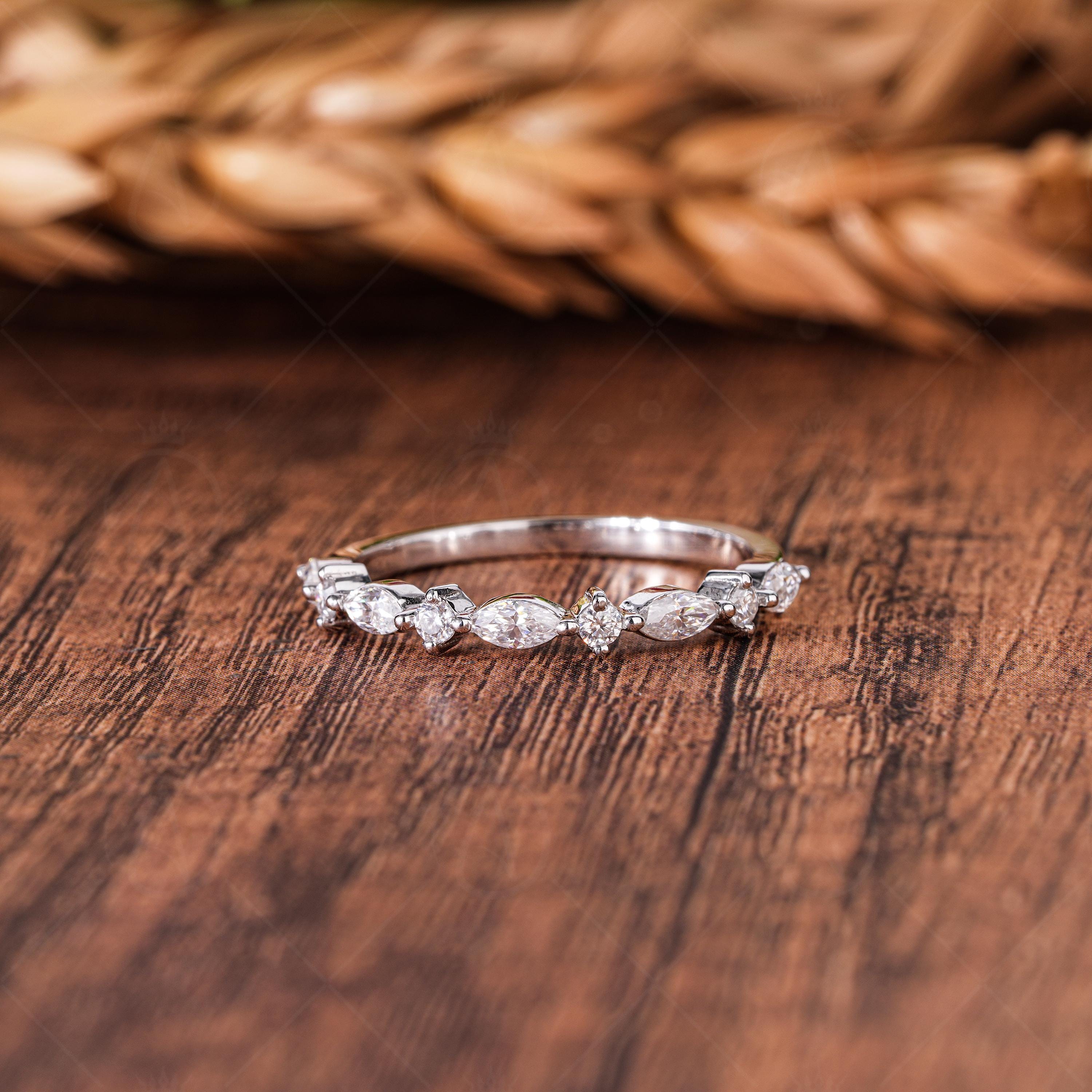 Lab Grown Diamond Wedding Band, Marquise & Round Cut, Half Eternity