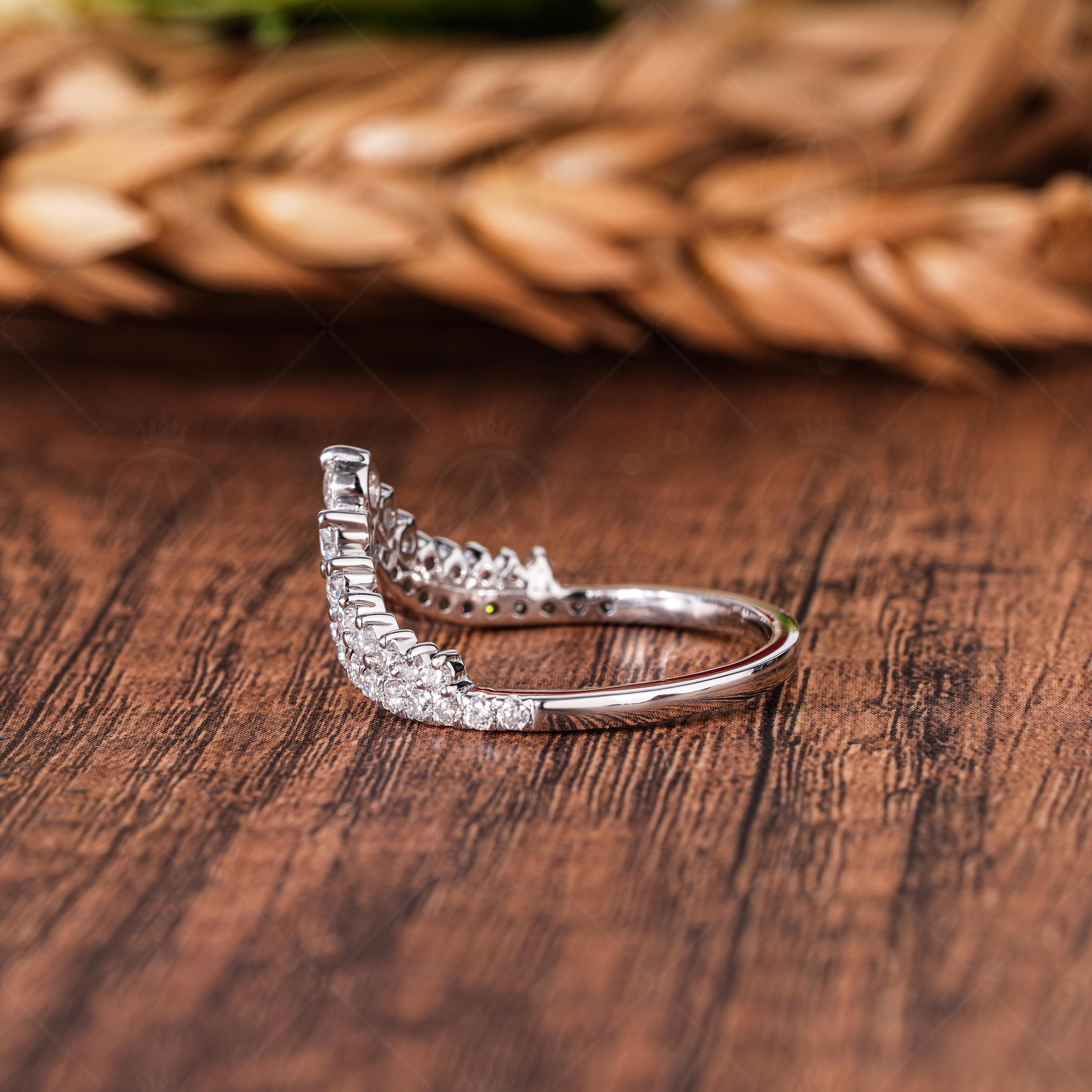 Chevron Lab Grown Diamond Wedding Band, Double Row Tiara Crown Stacking Ring