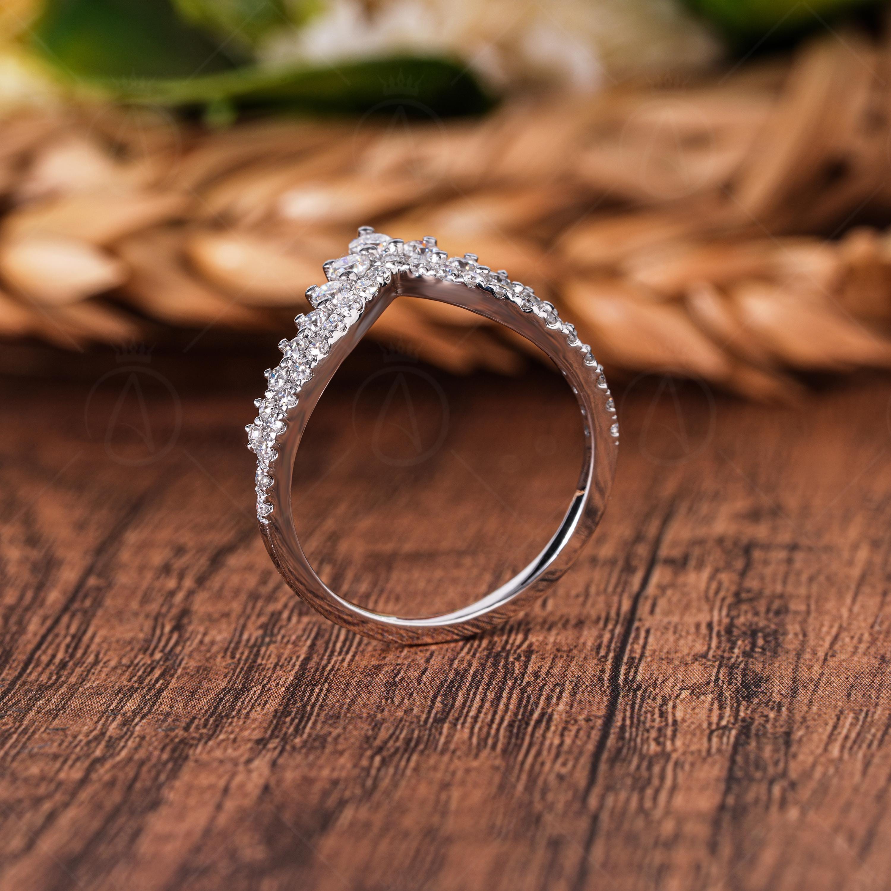 Chevron Lab Grown Diamond Wedding Band, Double Row Tiara Crown Stacking Ring