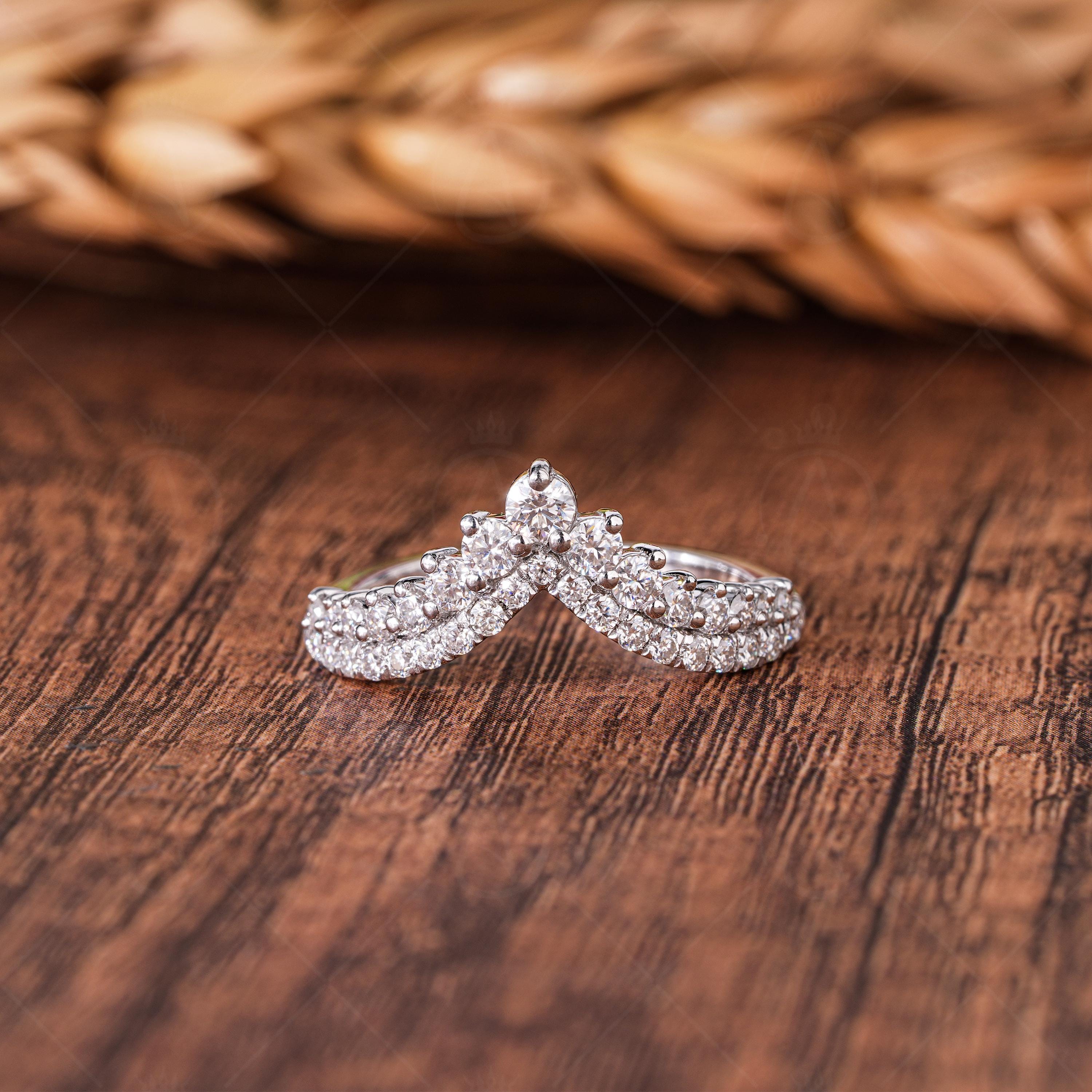 Chevron Lab Grown Diamond Wedding Band, Double Row Tiara Crown Stacking Ring