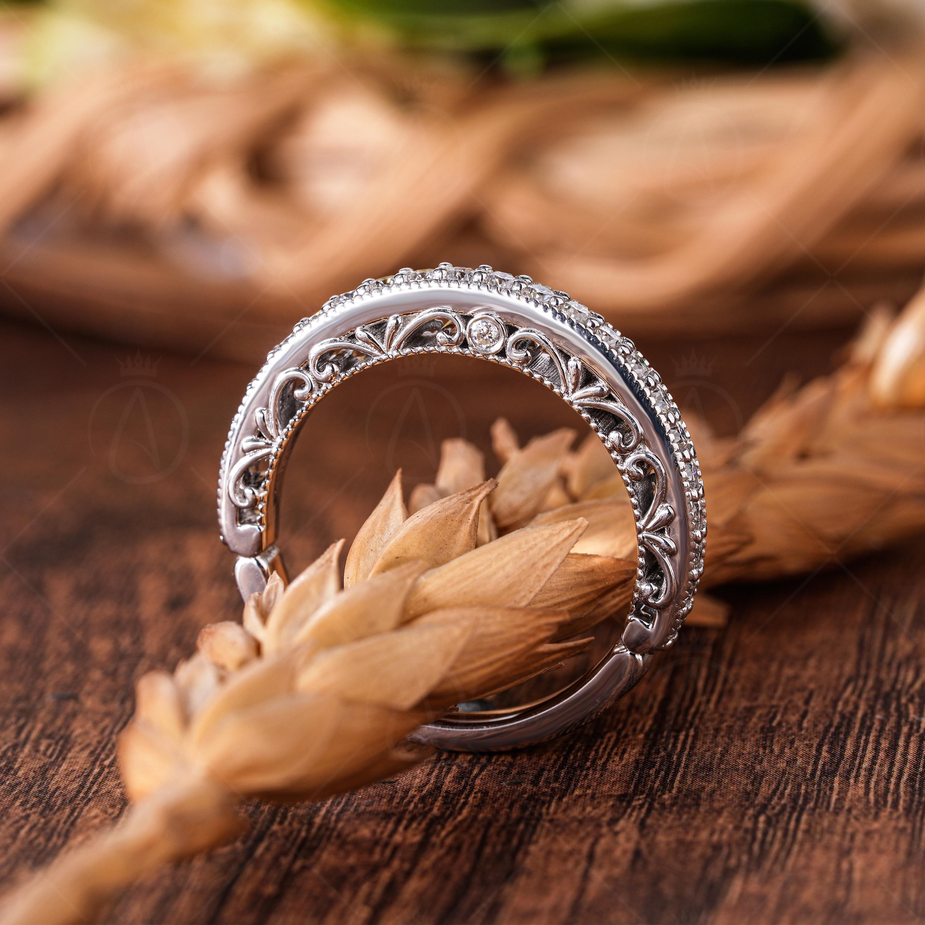 Peekaboo Setting Vintage Filigree Wedding Band Secret Design Stackable Rings For Women Anniversary Band