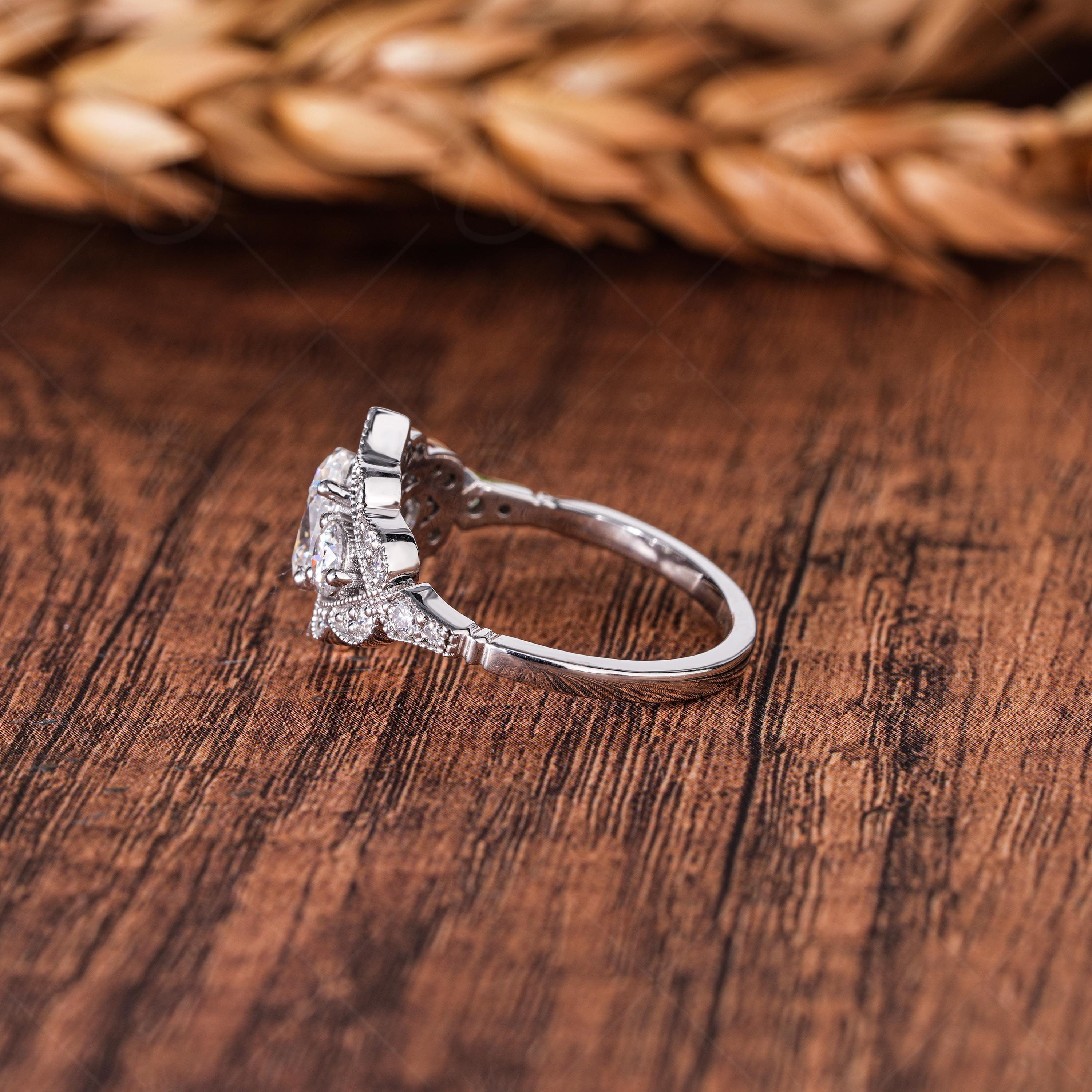 Estate Three Stone Oval Moissanite Engagement Rings For Women Art Deco Milgrain Vintage Style Promise Ring