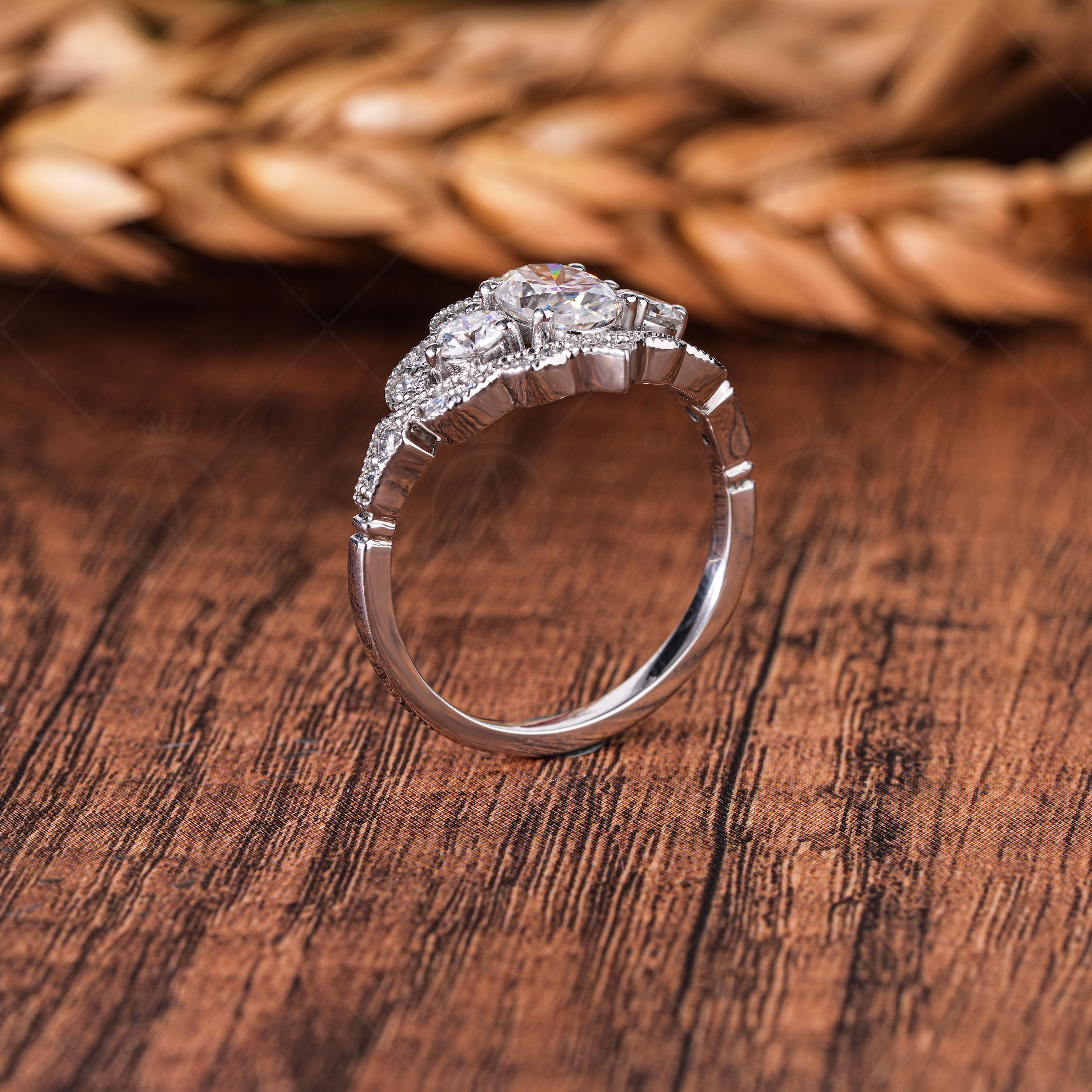 Estate Three Stone Oval Moissanite Engagement Rings For Women Art Deco Milgrain Vintage Style Promise Ring