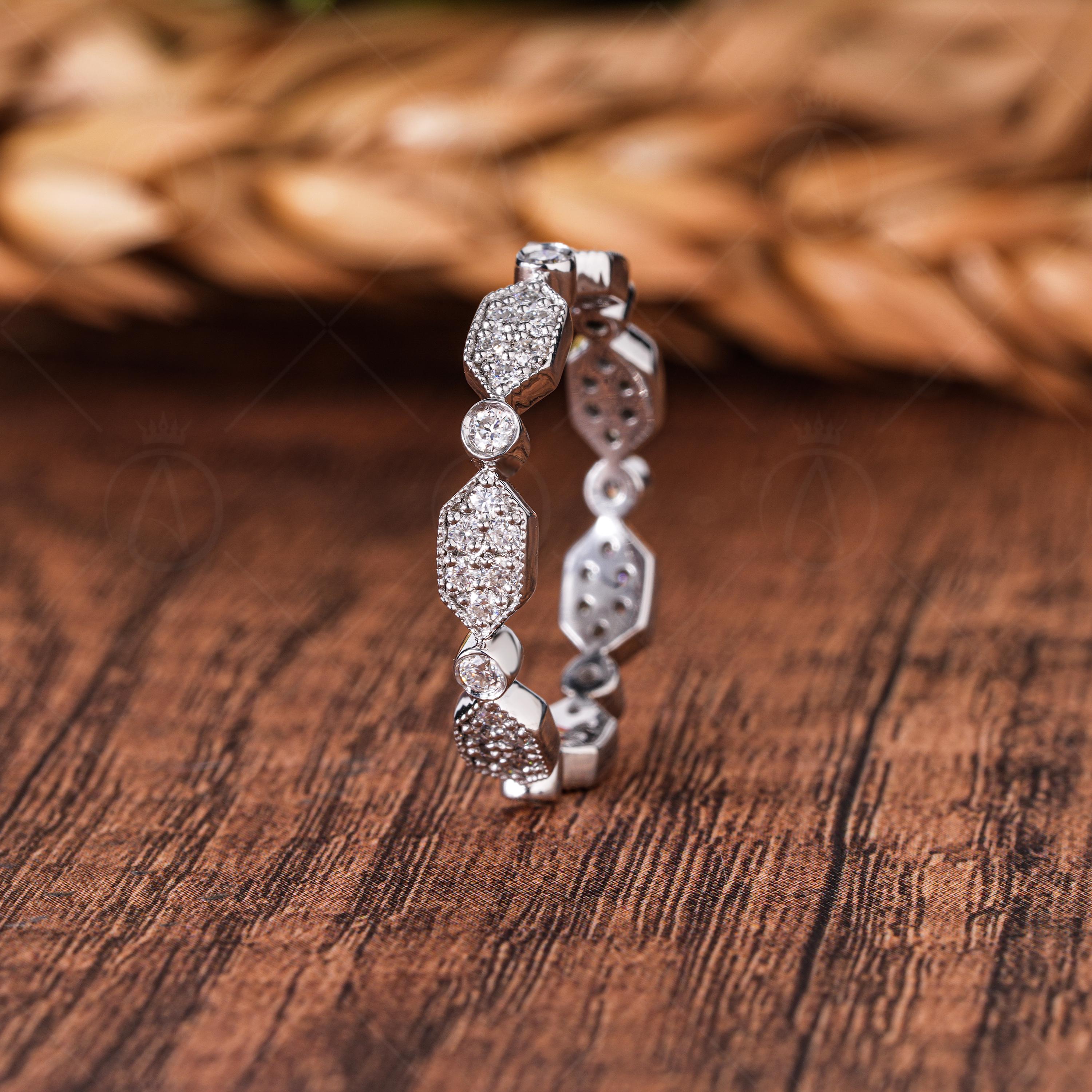 Art Deco Estate Wedding Band For Women Milgrain Vintage Full Eternity Band Alternating Promise Ring For Her