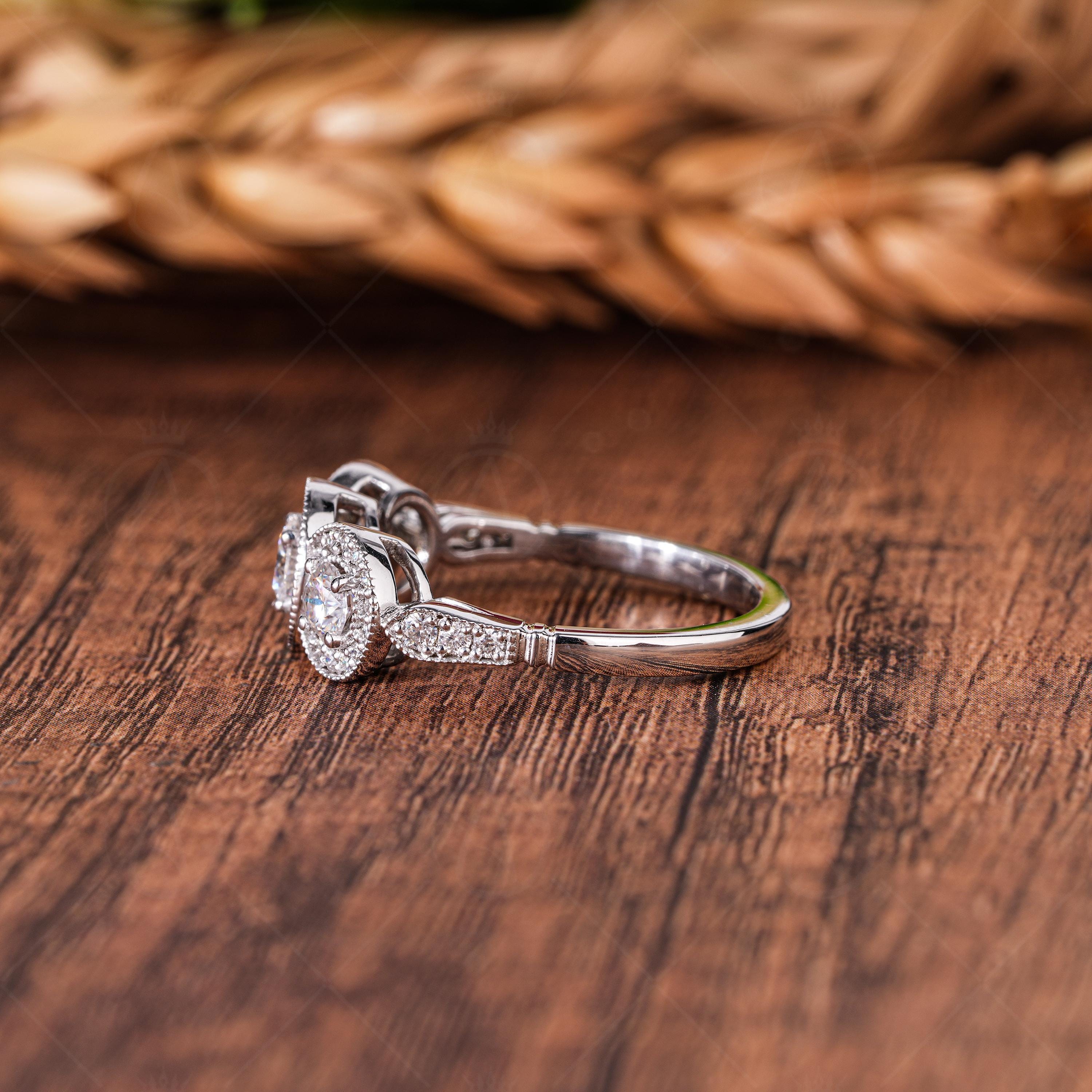 Art Deco Moissanite Three Stone Halo Engagement Ring Milgrain Vintage Style Promise Ring For Women