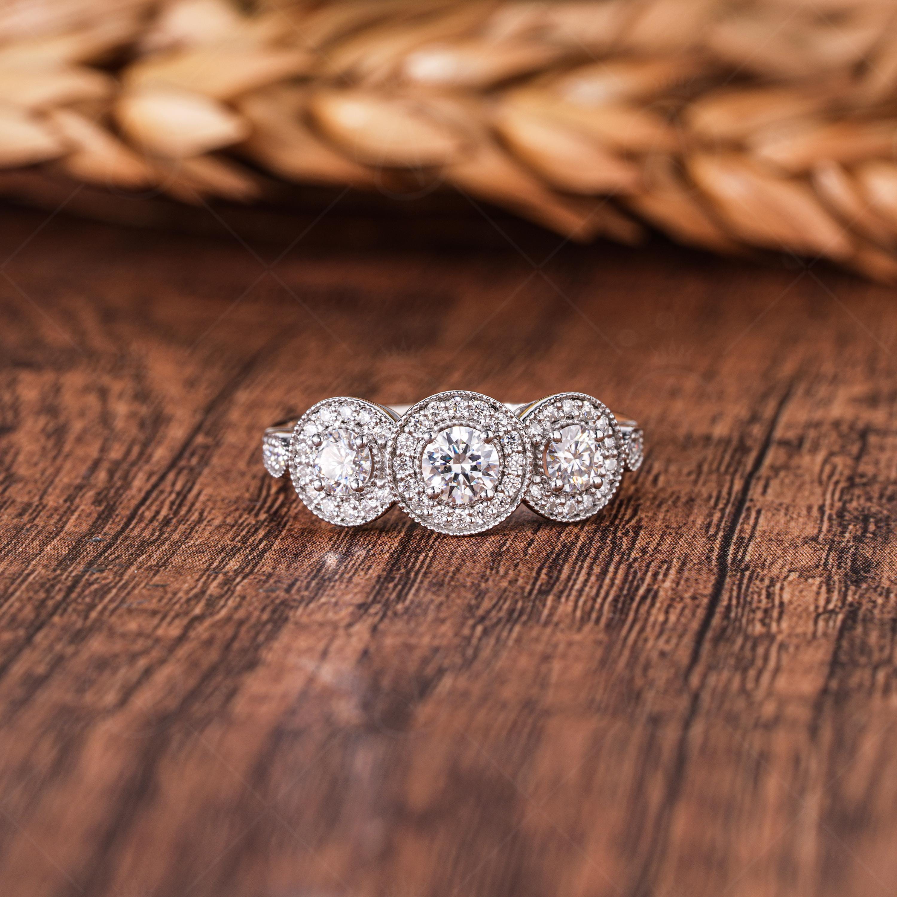 Art Deco Moissanite Three Stone Halo Engagement Ring Milgrain Vintage Style Promise Ring For Women