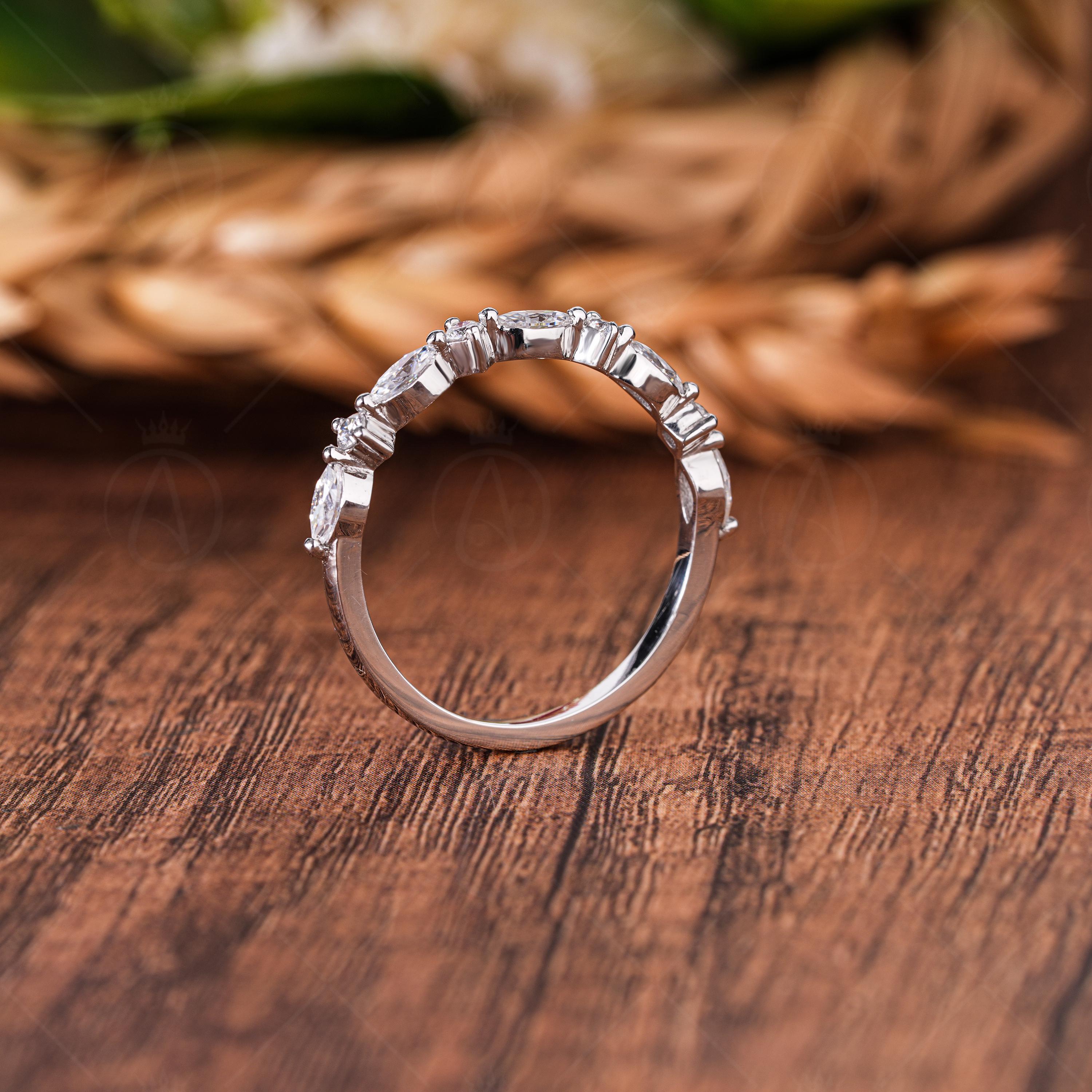 Lab Grown Diamond Wedding Band, Marquise & Round Cut, Half Eternity