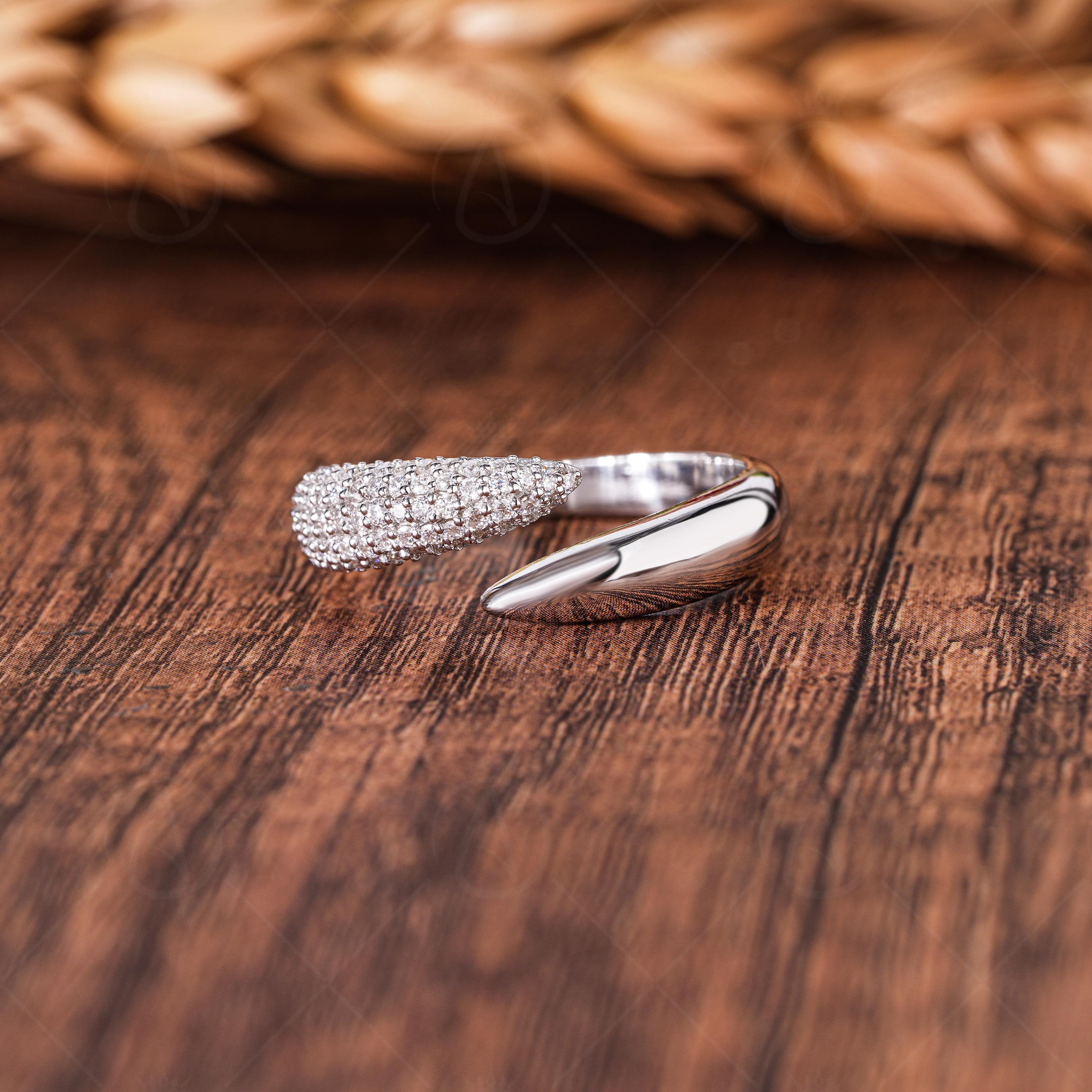 Micro Pave Lab Grown Diamond Open Cuff Ring, Sterling Silver