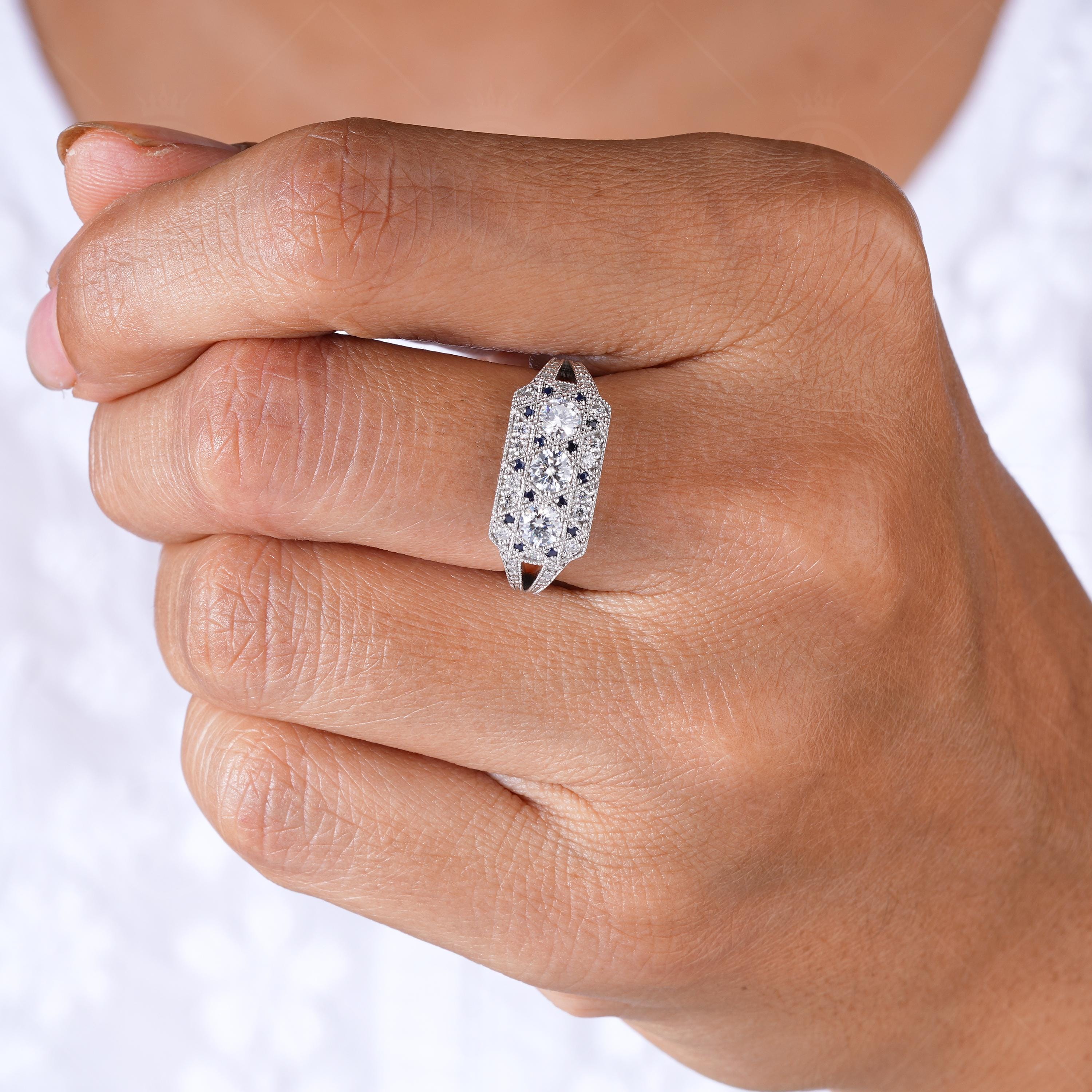 Unique Edwardian Style Engagement Ring, Trilogy Art Deco Estate Moissanite Ring, Milgrain Vintage Inspired Ring