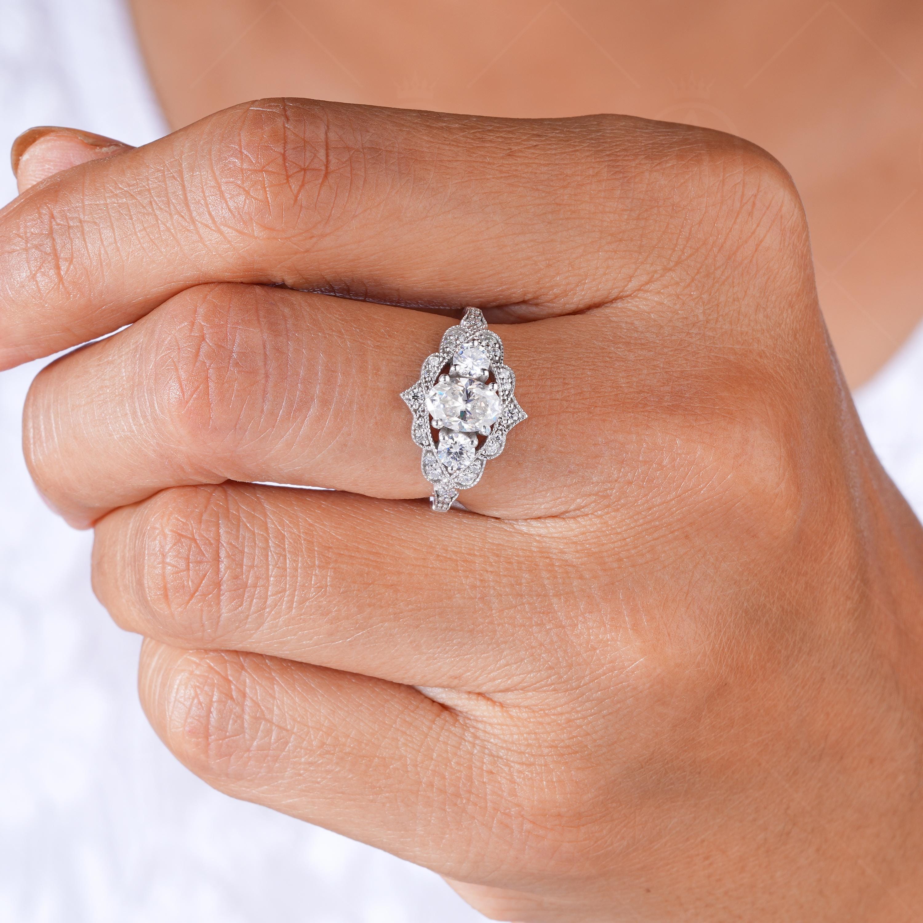 Estate Three Stone Oval Moissanite Engagement Rings For Women Art Deco Milgrain Vintage Style Promise Ring