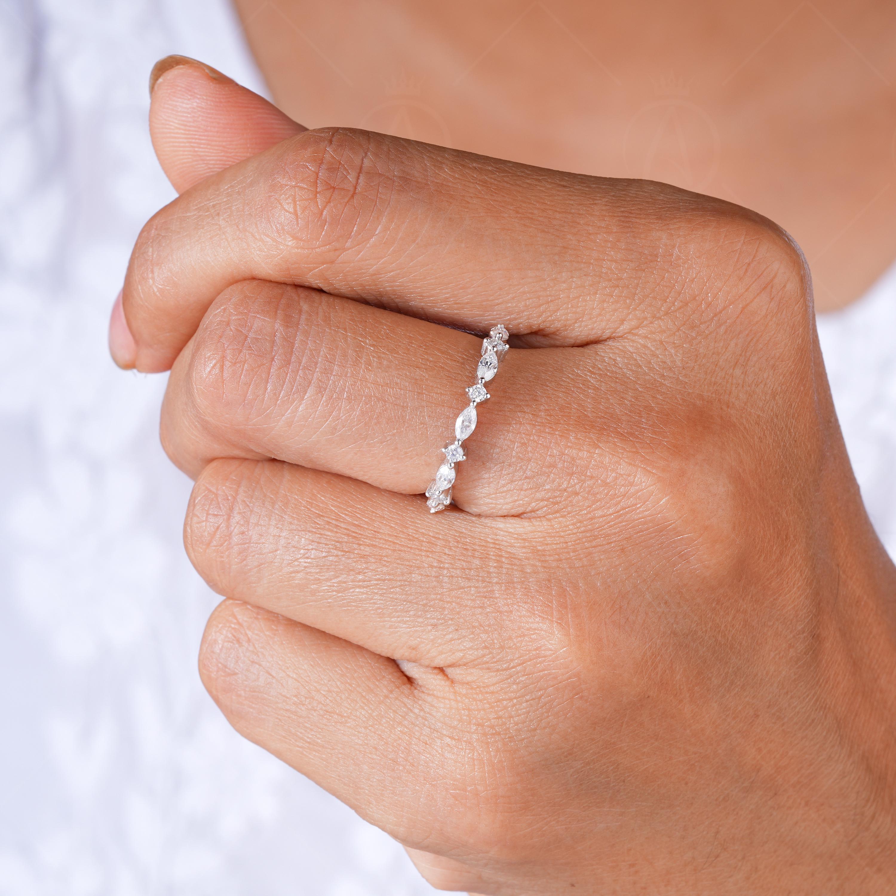 Lab Grown Diamond Wedding Band, Marquise & Round Cut, Half Eternity