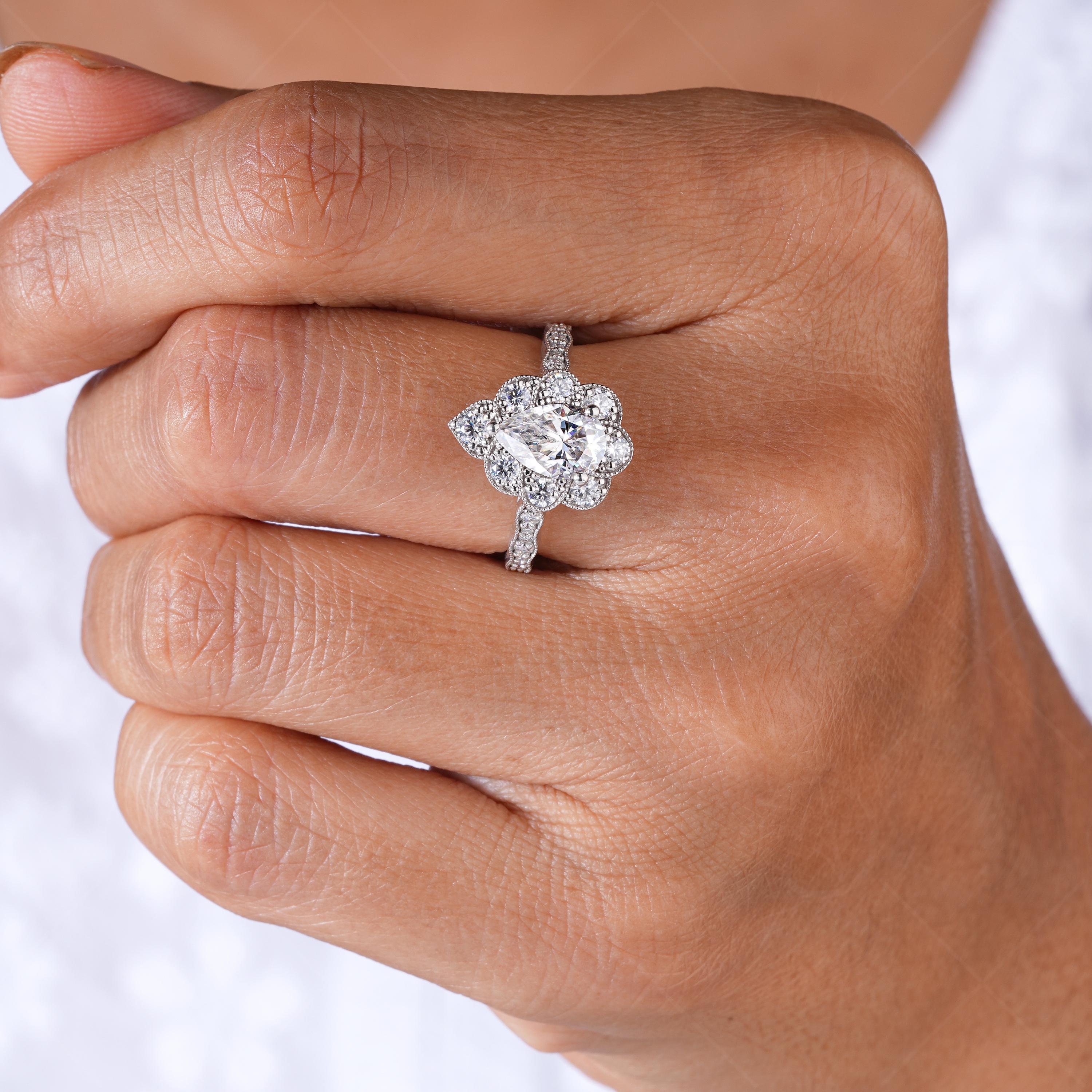 Art Deco Vintage Style Engagement Ring Unique Milgrain Vintage Rings For Women Pear Shaped Moissanite Halo Ring