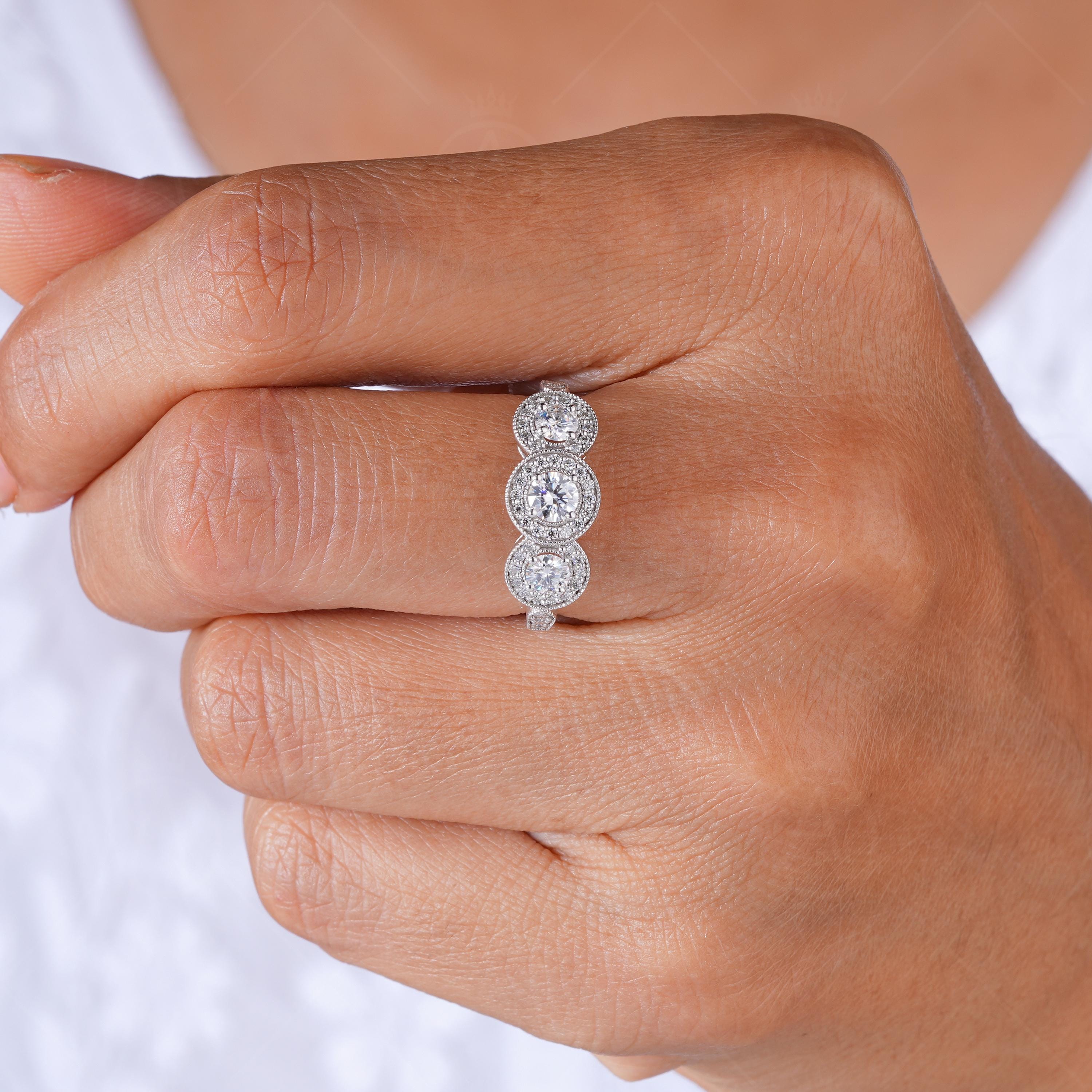 Art Deco Moissanite Three Stone Halo Engagement Ring Milgrain Vintage Style Promise Ring For Women