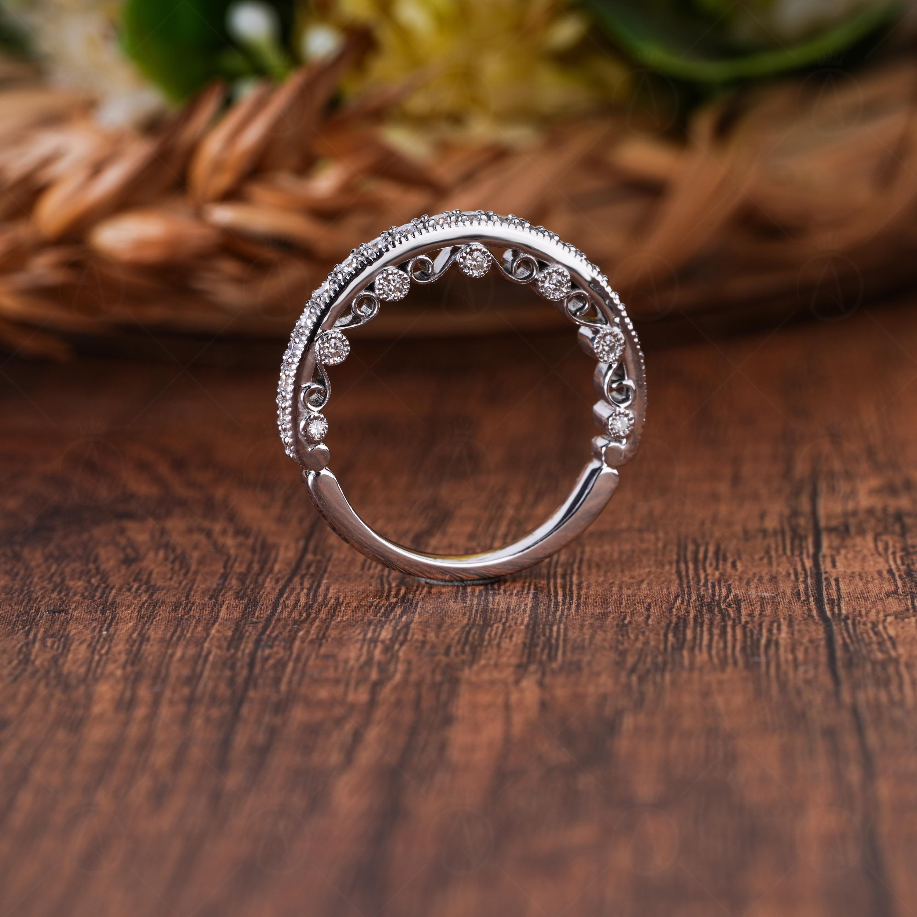 Peekaboo Vintage Style Half Eternity Art Deco Wedding Band, Milgrain Unique Bridal Band, Stackable Anniversary Band For Women