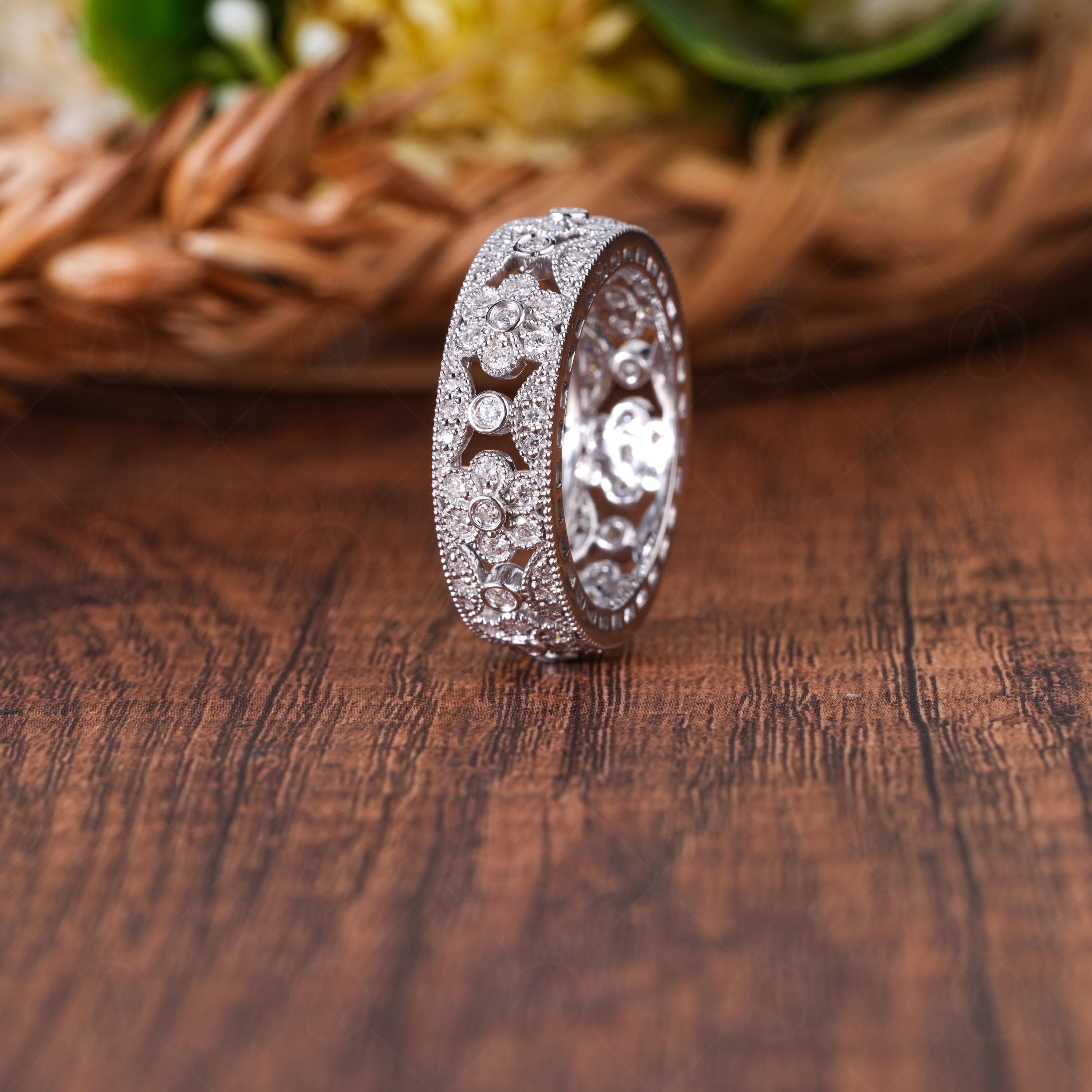 Nature Inspired Art Deco Moissanite Full Eternity Wedding Band, Floral Inspire Vintage Style Wide Band, Milgrain Anniversary Band