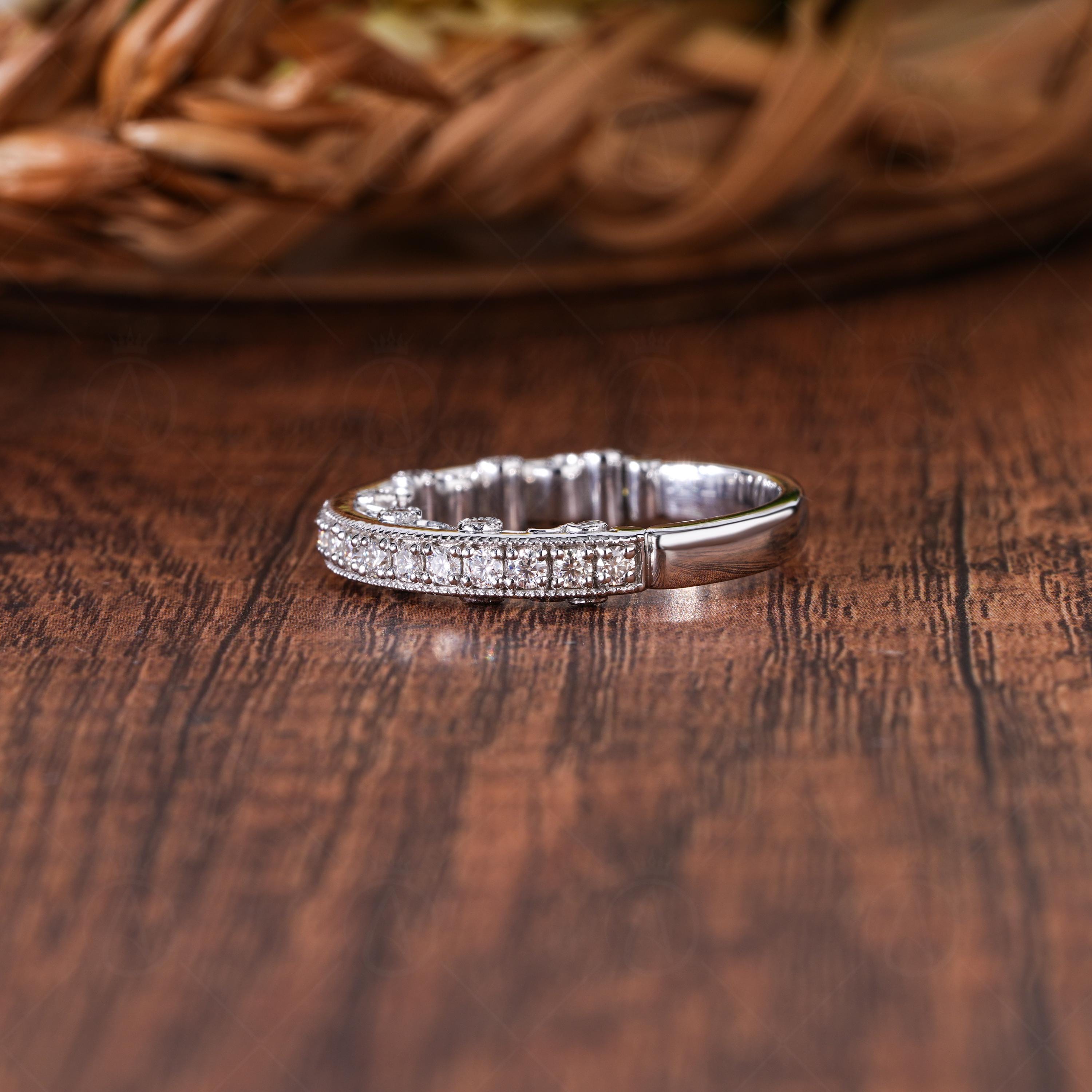 Peekaboo Vintage Style Half Eternity Art Deco Wedding Band, Milgrain Unique Bridal Band, Stackable Anniversary Band For Women