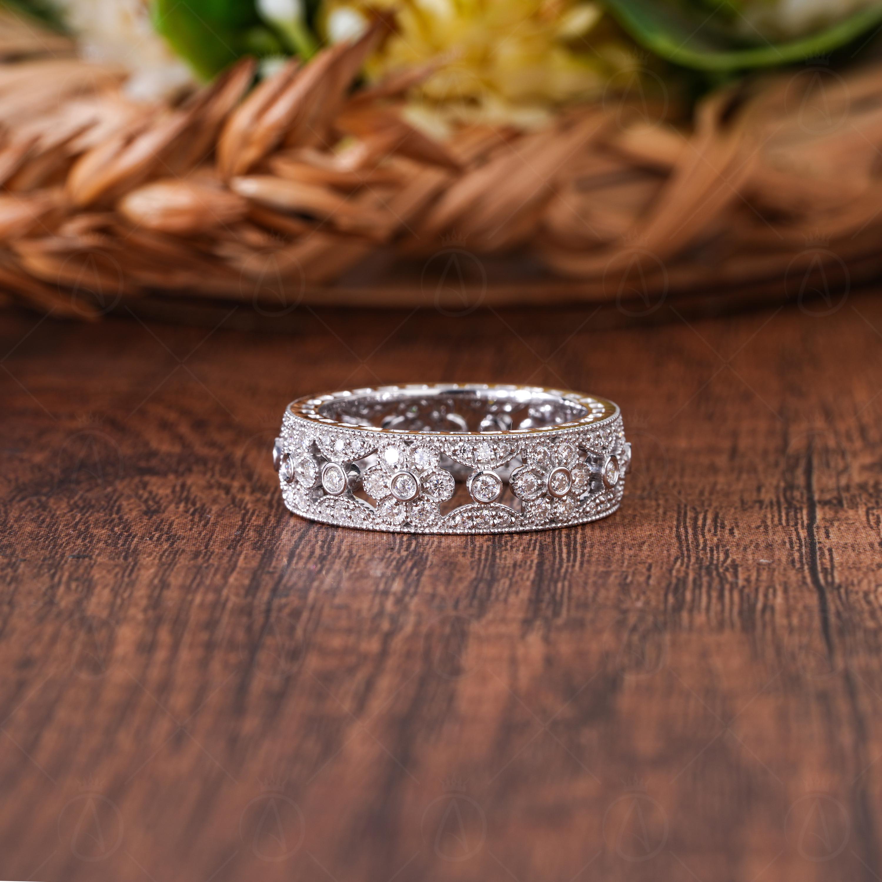 Nature Inspired Art Deco Moissanite Full Eternity Wedding Band, Floral Inspire Vintage Style Wide Band, Milgrain Anniversary Band