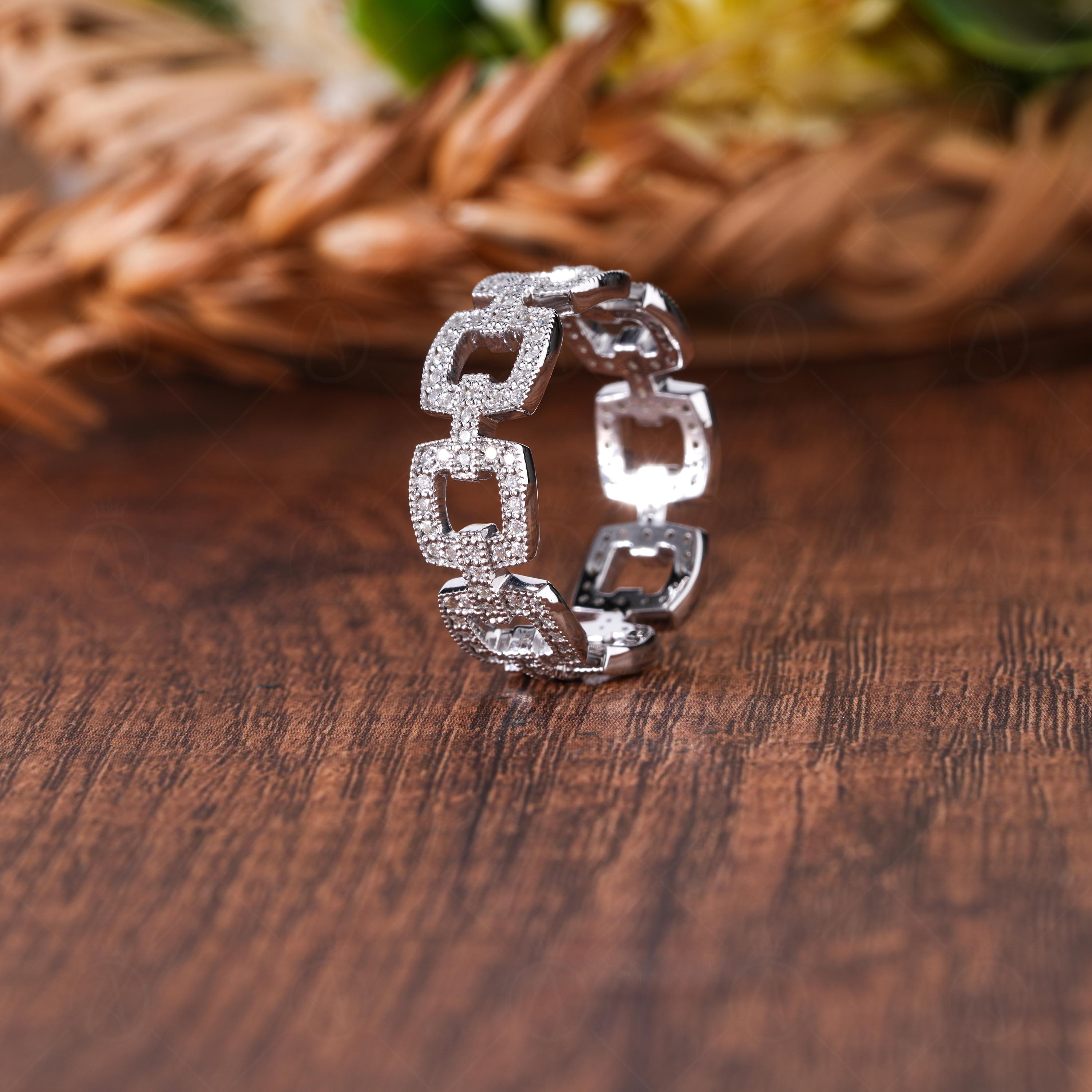 Chain Link Moissanite Pave Full Eternity Wedding Band, Interlink Cable Stacking Rings, Matching Band For Women